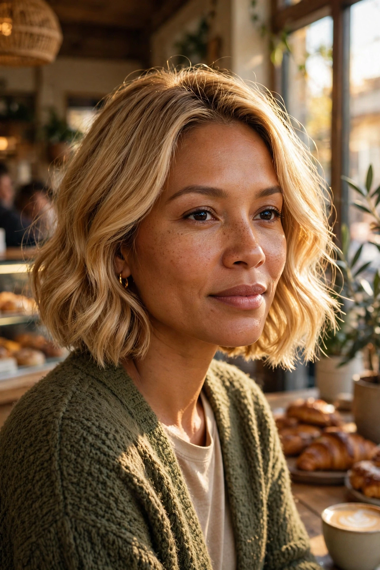 Honey blonde french bob with soft waves and golden highlights