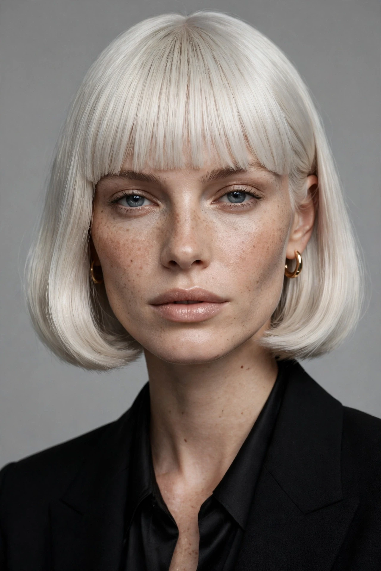 Icy platinum blonde french bob with blunt bangs, sleek chin-length cut