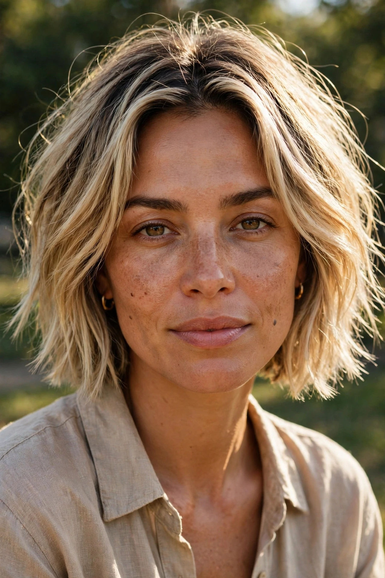Lived-in blonde french bob with balayage highlights and natural root