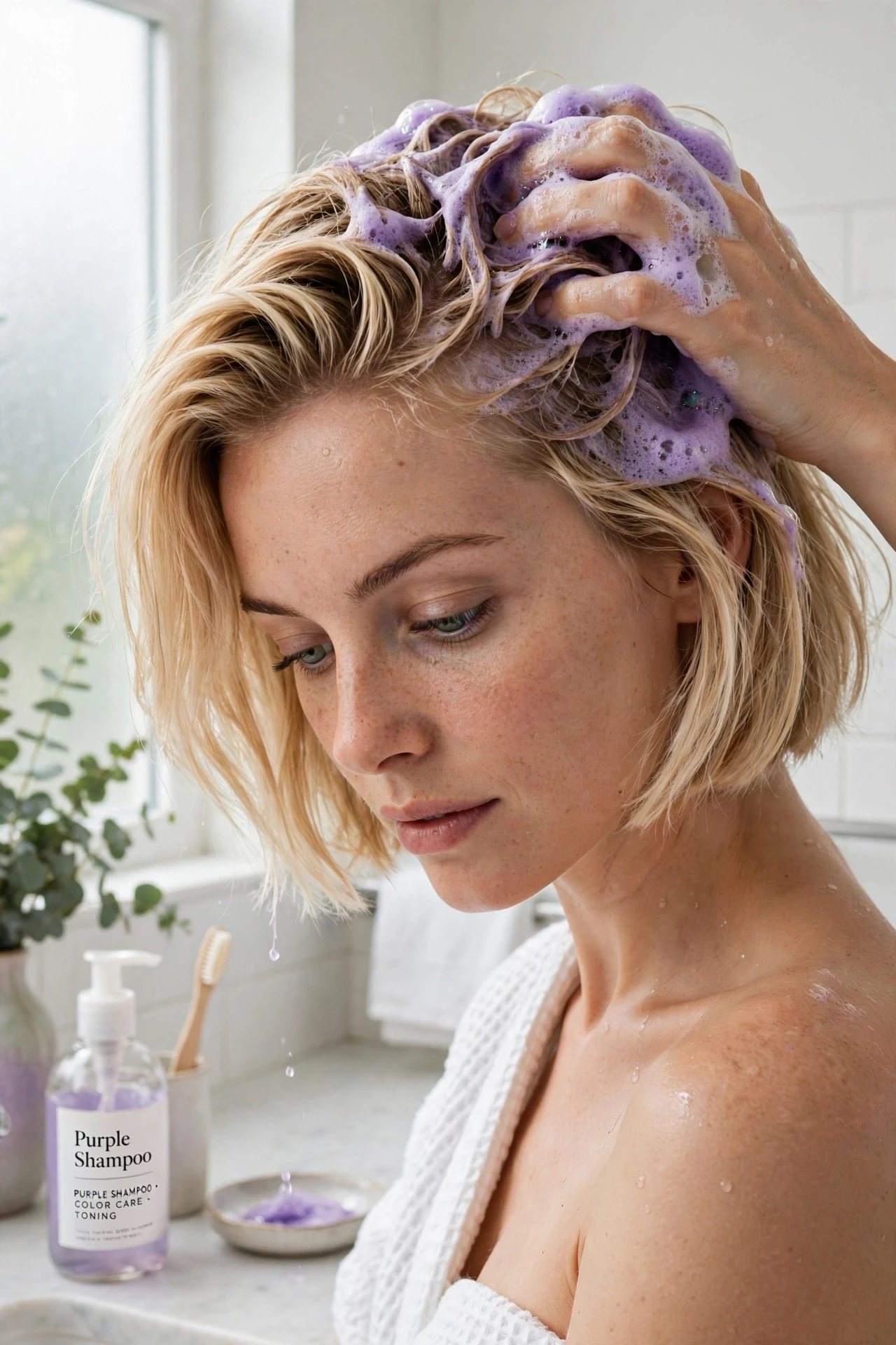 Purple shampoo routine for maintaining a bright blonde french bob