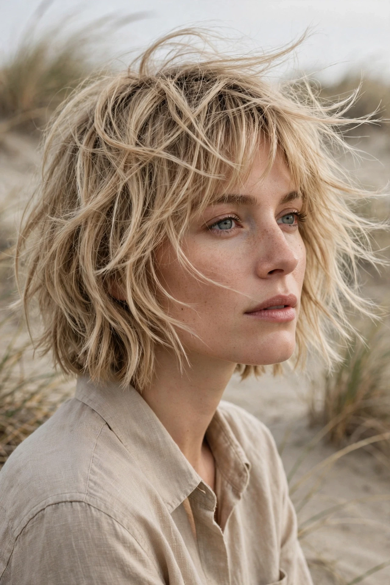 Sandy blonde french bob with shaggy layers and beachy texture