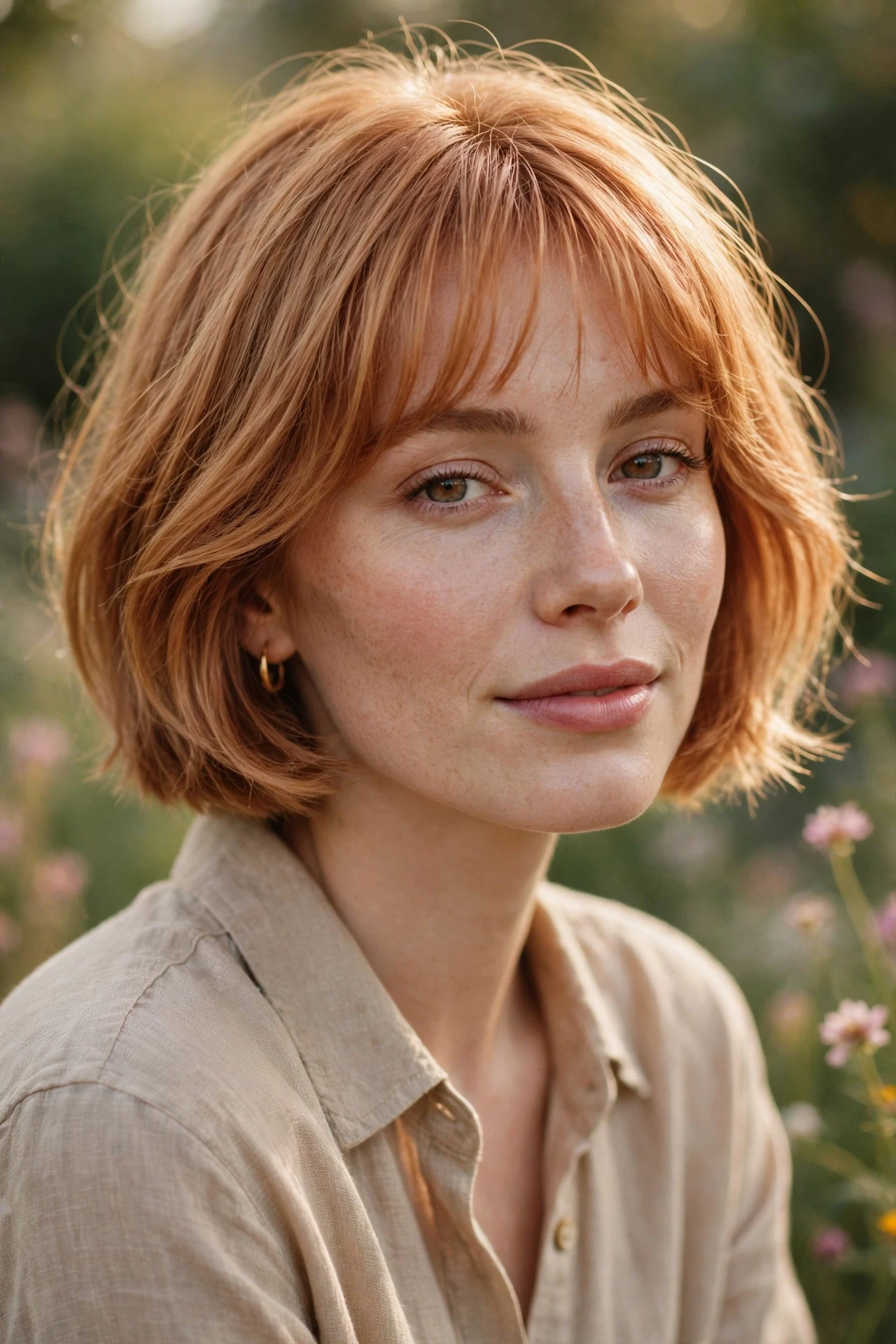 Strawberry blonde french bob with wispy bangs and warm copper tones