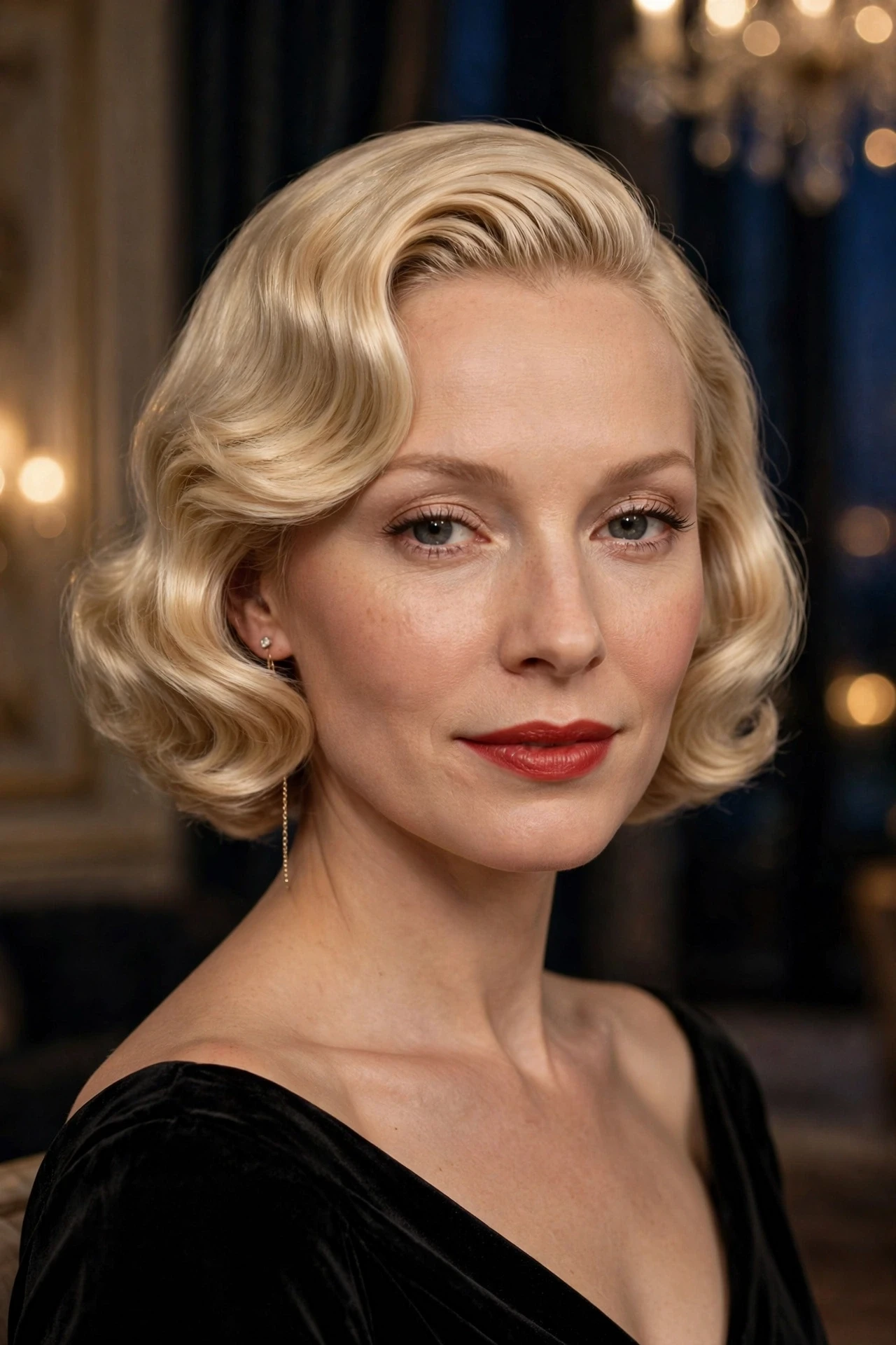 Vanilla blonde french bob with sculpted old Hollywood waves