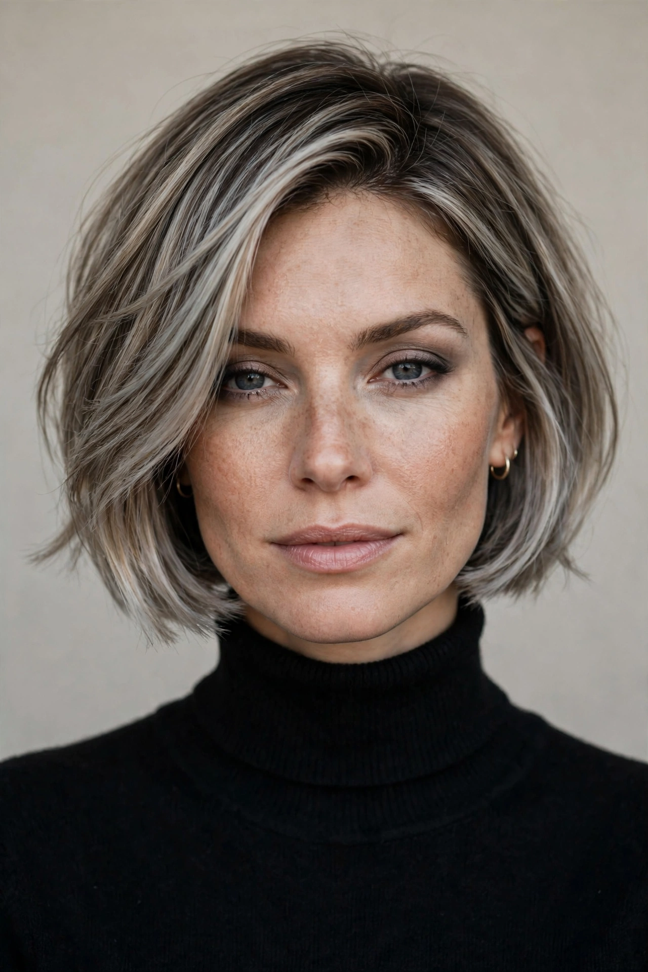 A woman with a French bob featuring ash blonde highlights, cool smoky tones