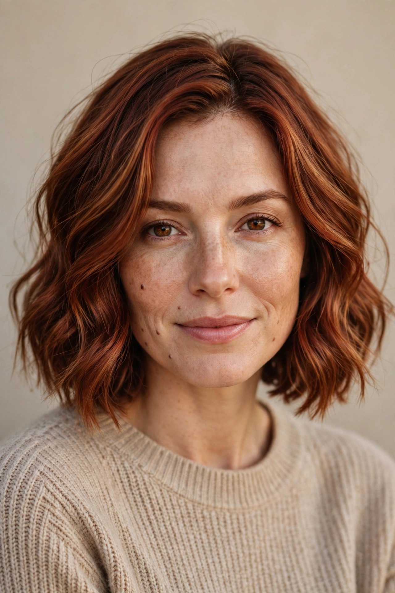 A woman with a bob featuring auburn red brown dimensional highlights