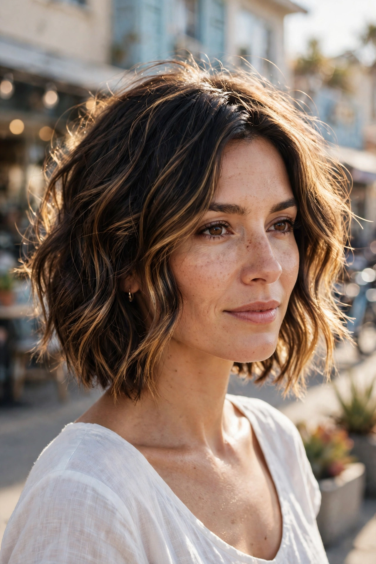 Balayage boho bob with caramel highlights through tousled waves