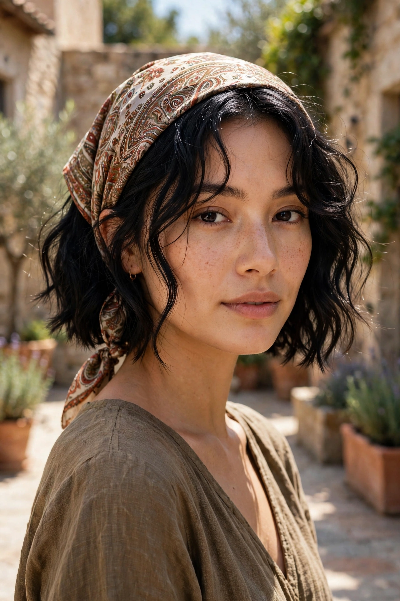 Boho bob styled with a patterned silk headscarf