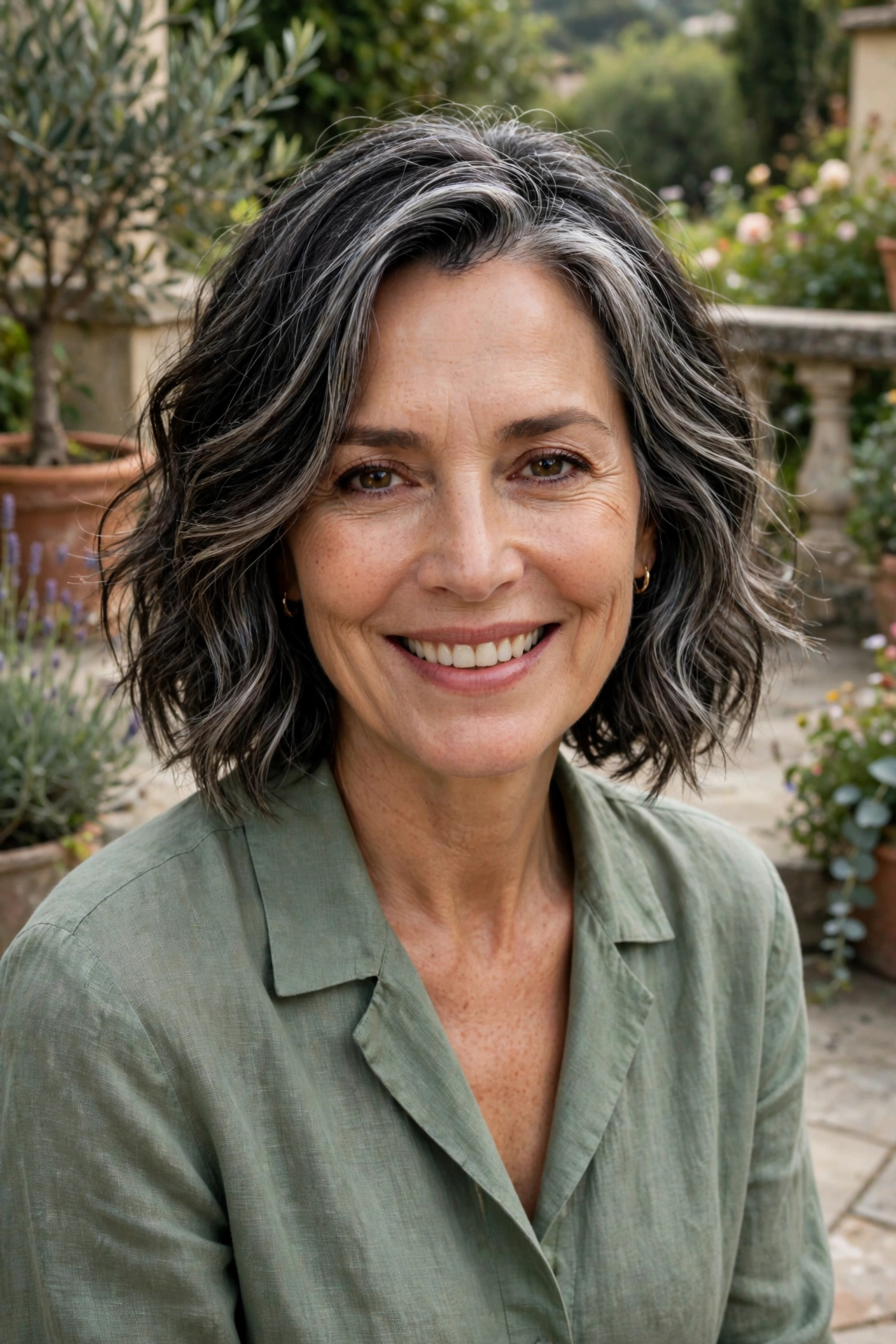 Elegant boho bob over 50 with silver streaked soft waves