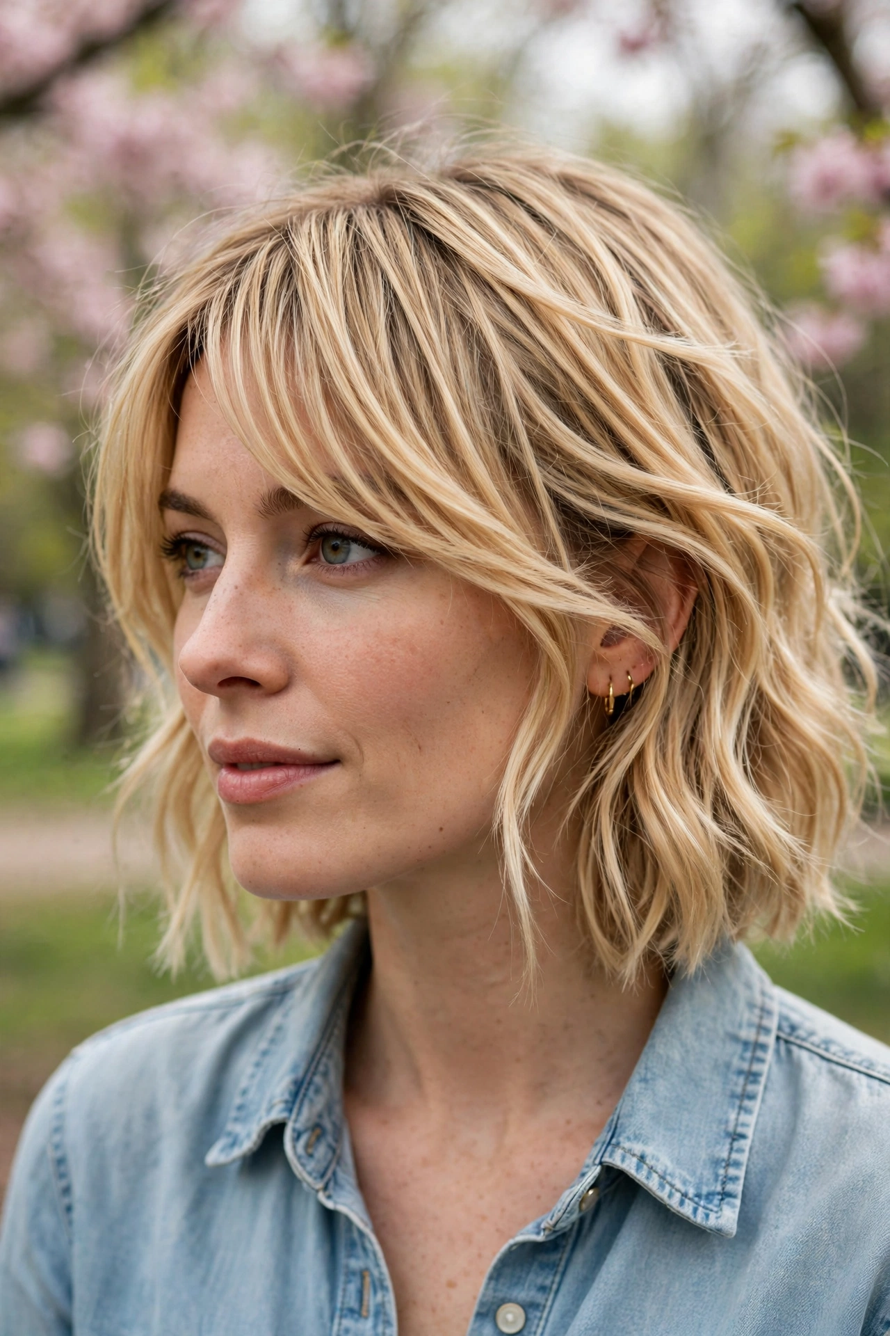 Boho bob with long side swept bangs