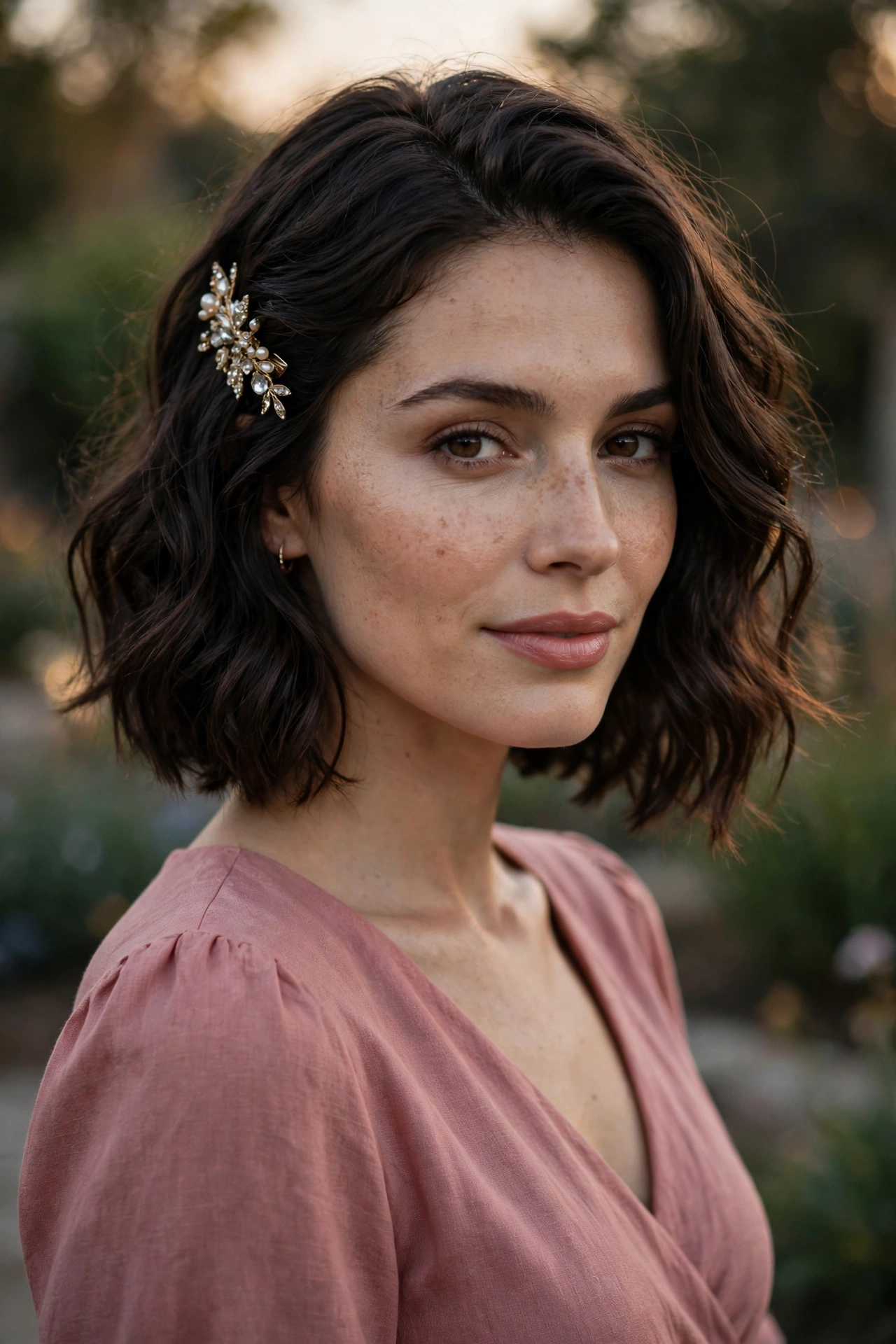 Polished wedding guest boho bob with a jeweled hair clip