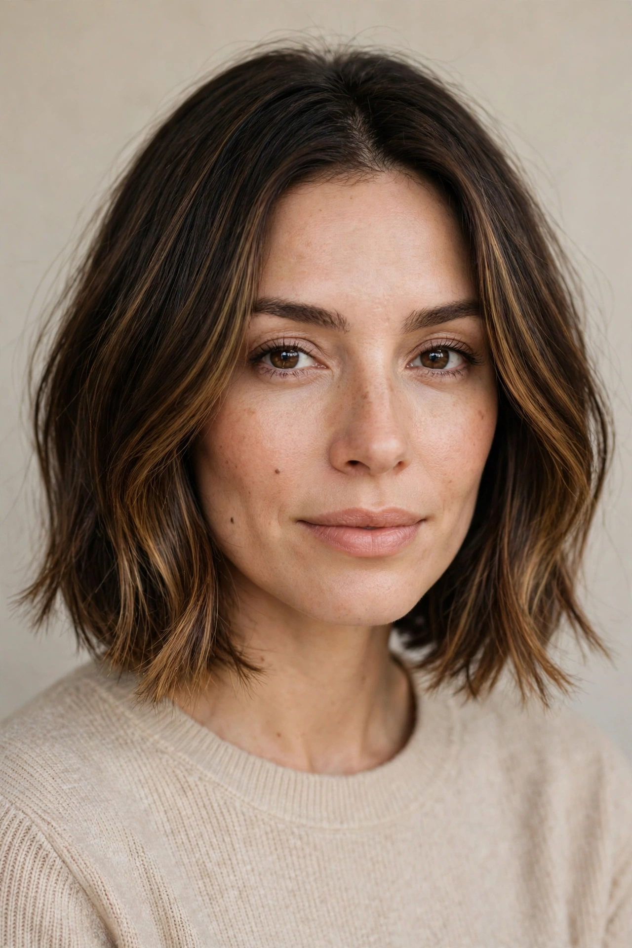 A woman with a bob haircut featuring caramel balayage highlights, soft dimension