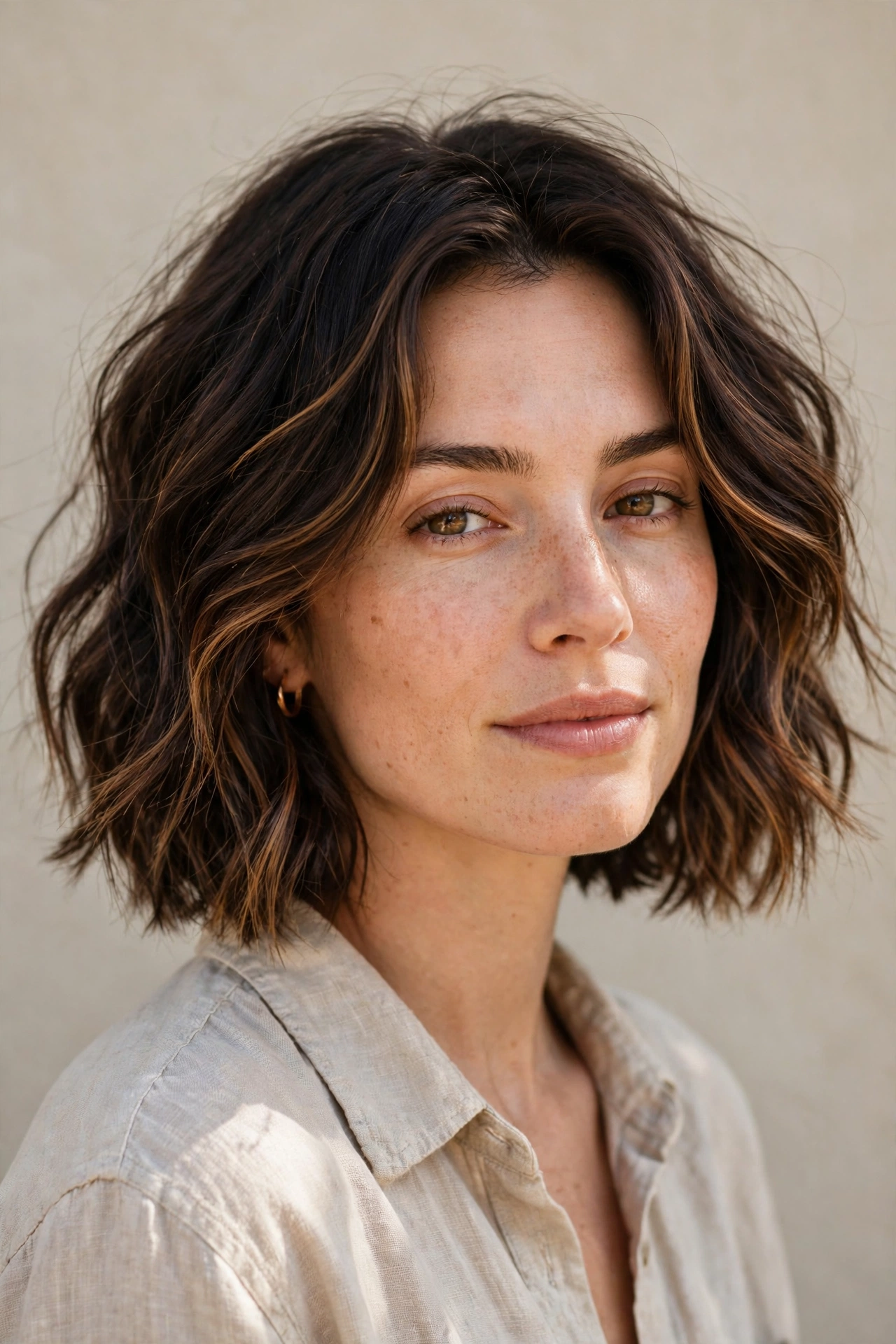 A woman with a dark wavy bob featuring caramel highlights, beachy dimension