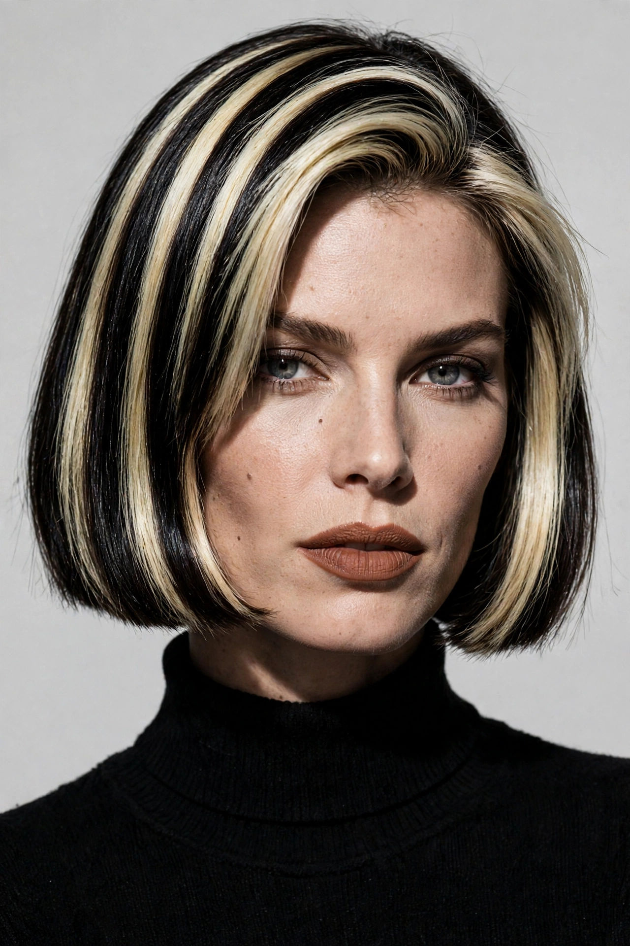 A woman with a bob featuring chunky 90s style blonde highlights, bold contrast