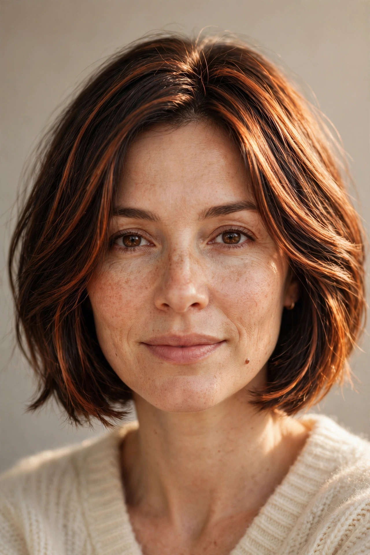 A woman with a bob featuring warm copper highlights on dark brown hair