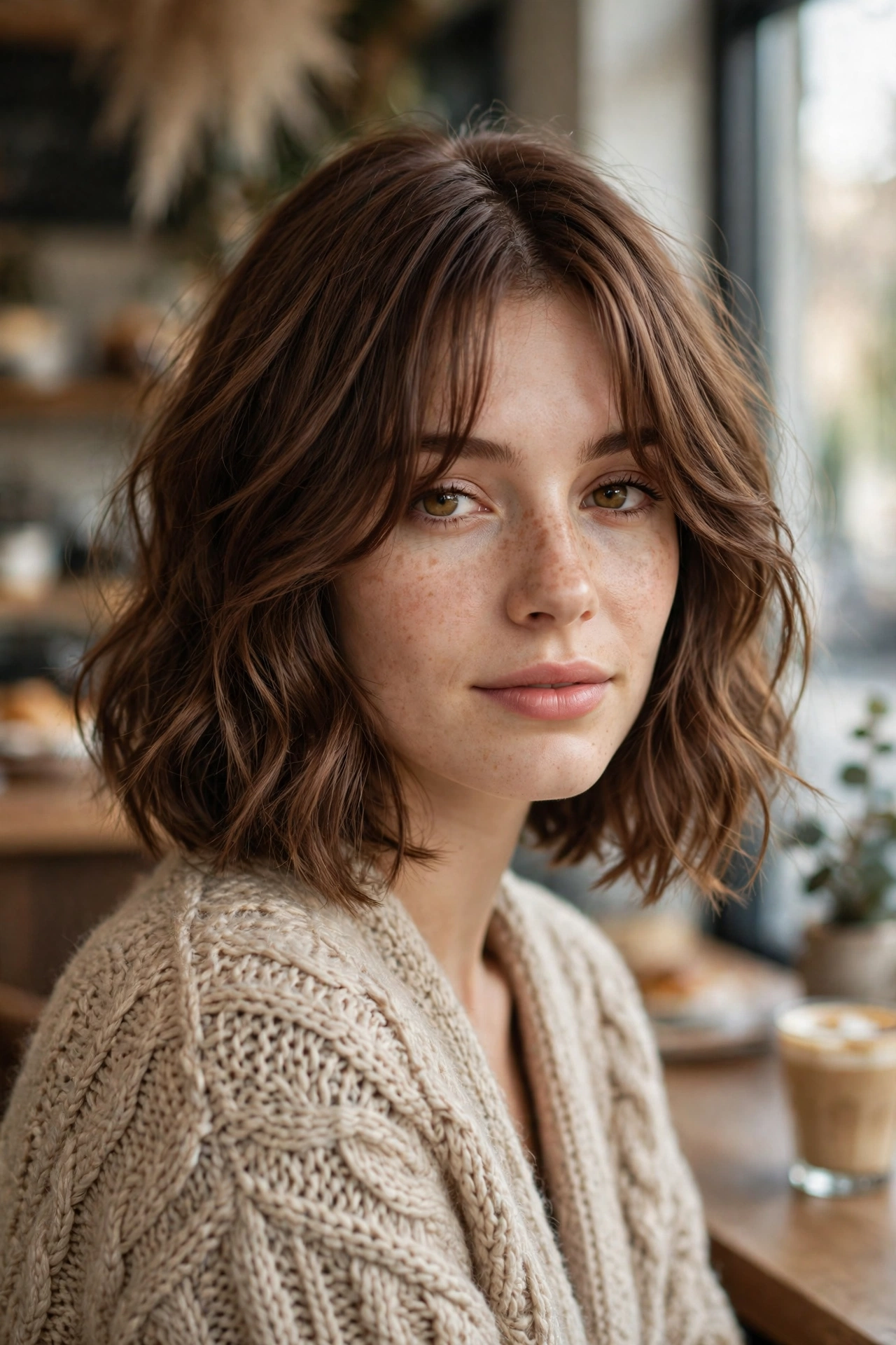 Boho bob with soft curtain bangs framing the cheekbones