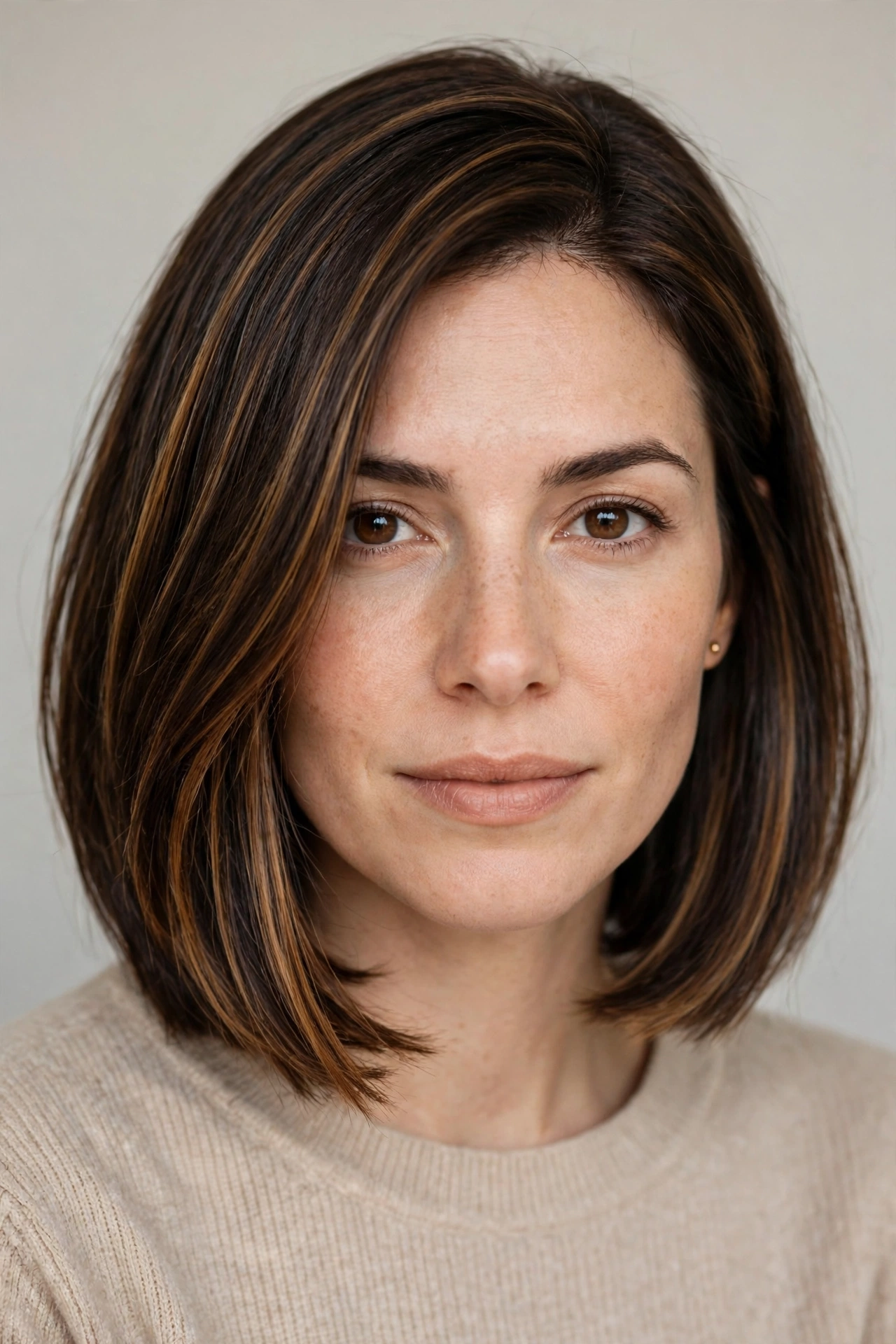 A woman with an espresso brown bob featuring caramel ribbon highlights