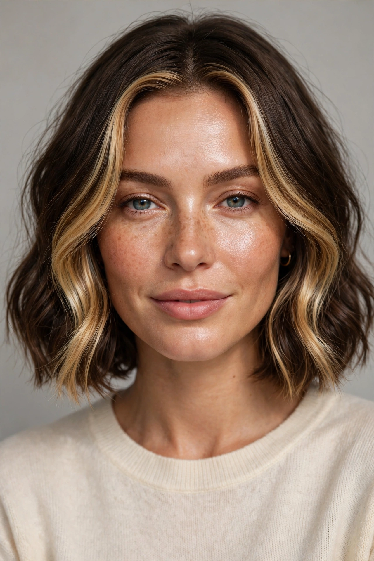 A woman with a bob featuring golden blonde face framing highlights