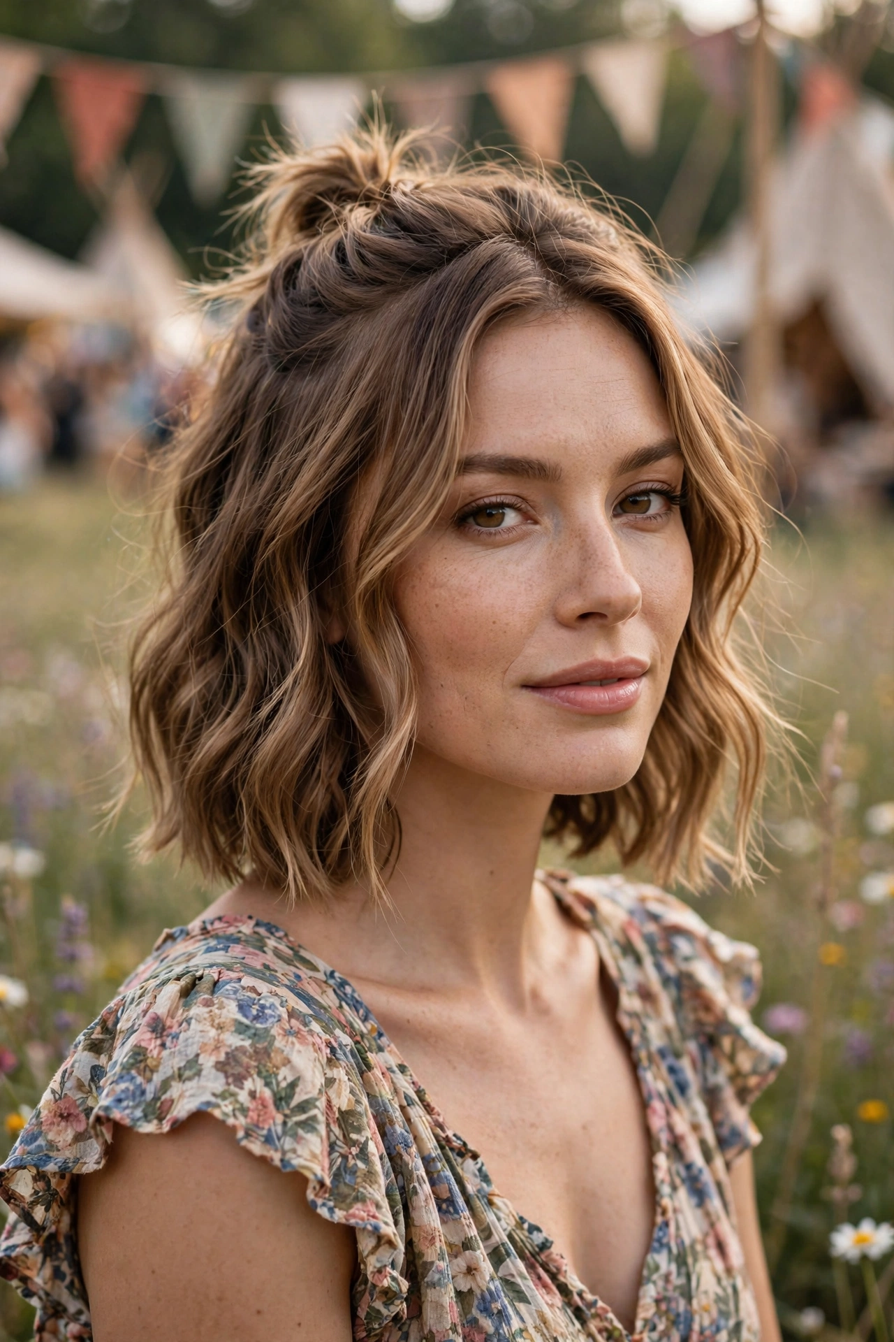 Half up boho bob with a loose top knot and face framing strands
