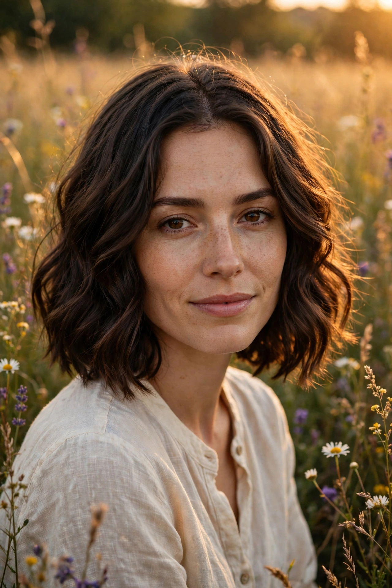 Boho bob haircut with soft waves in a wildflower meadow at golden hour