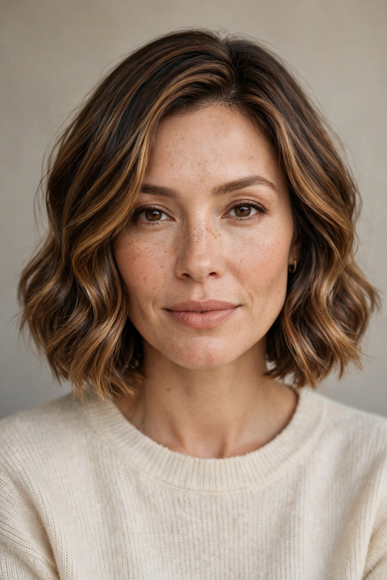 A woman with a chin length bob with highlights, caramel balayage dimension, glossy waves