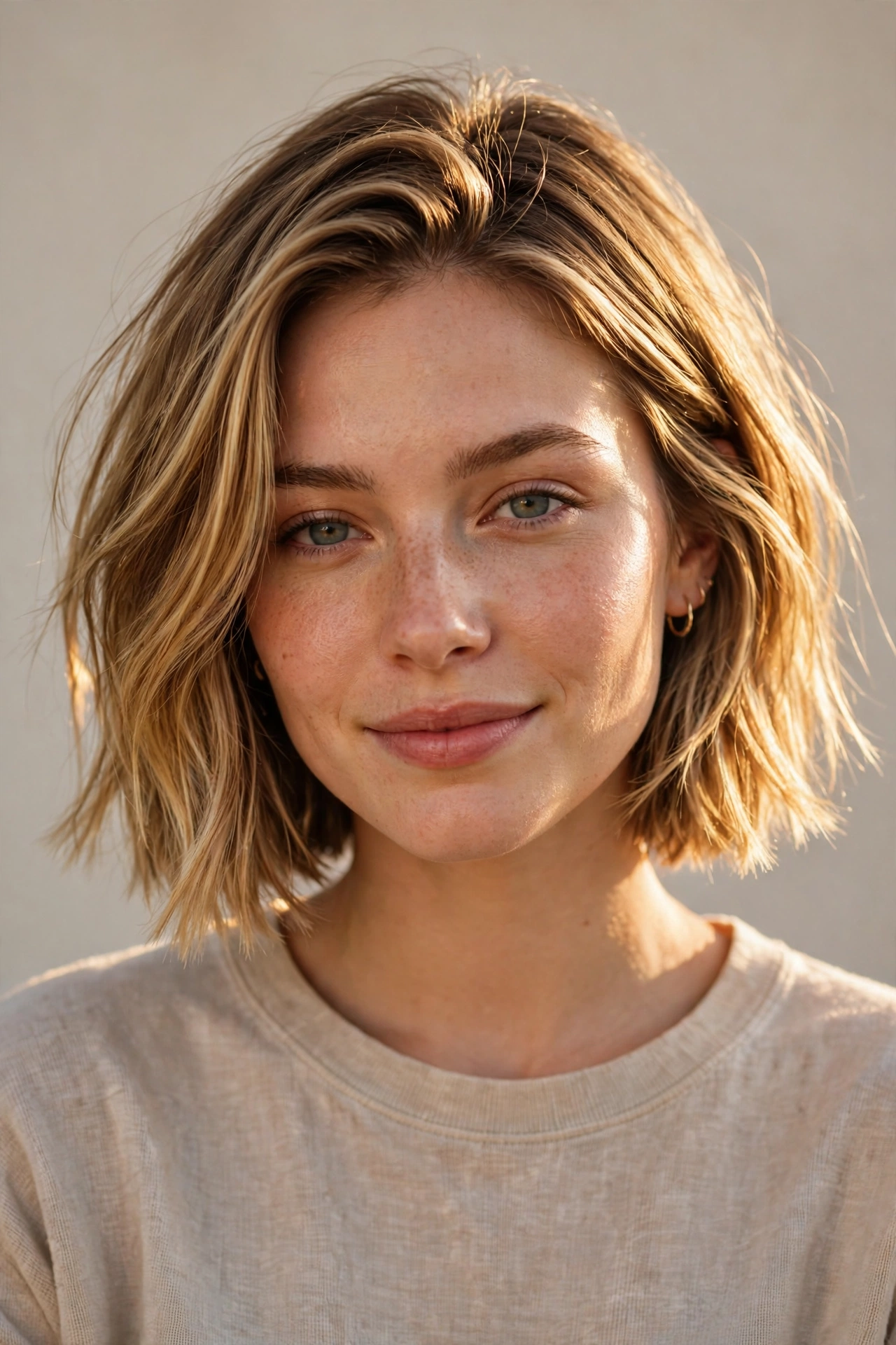 A woman with a bob featuring honey blonde highlights, warm golden tones