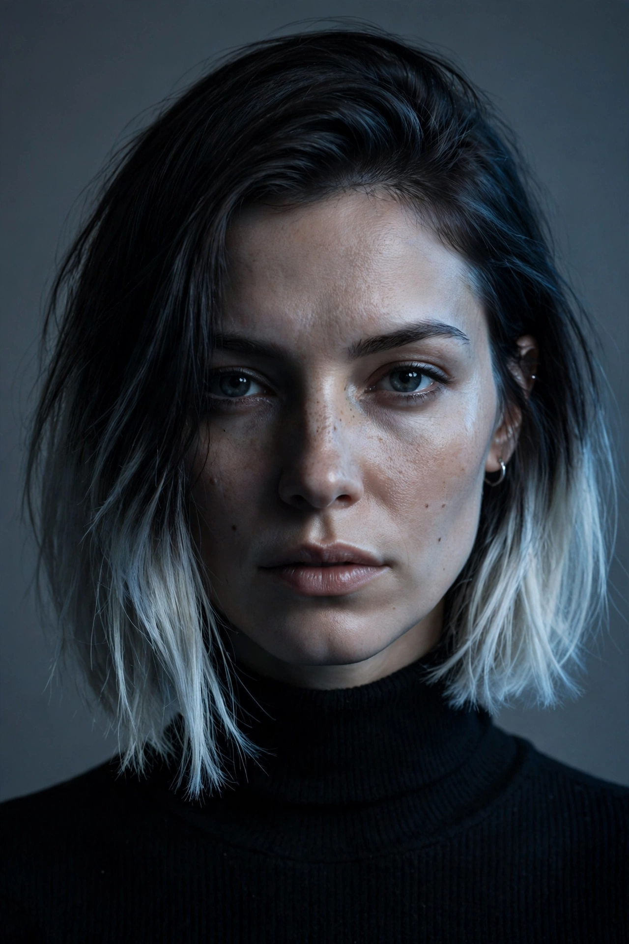 A woman with a bob with highlights in icy platinum tones on the ends