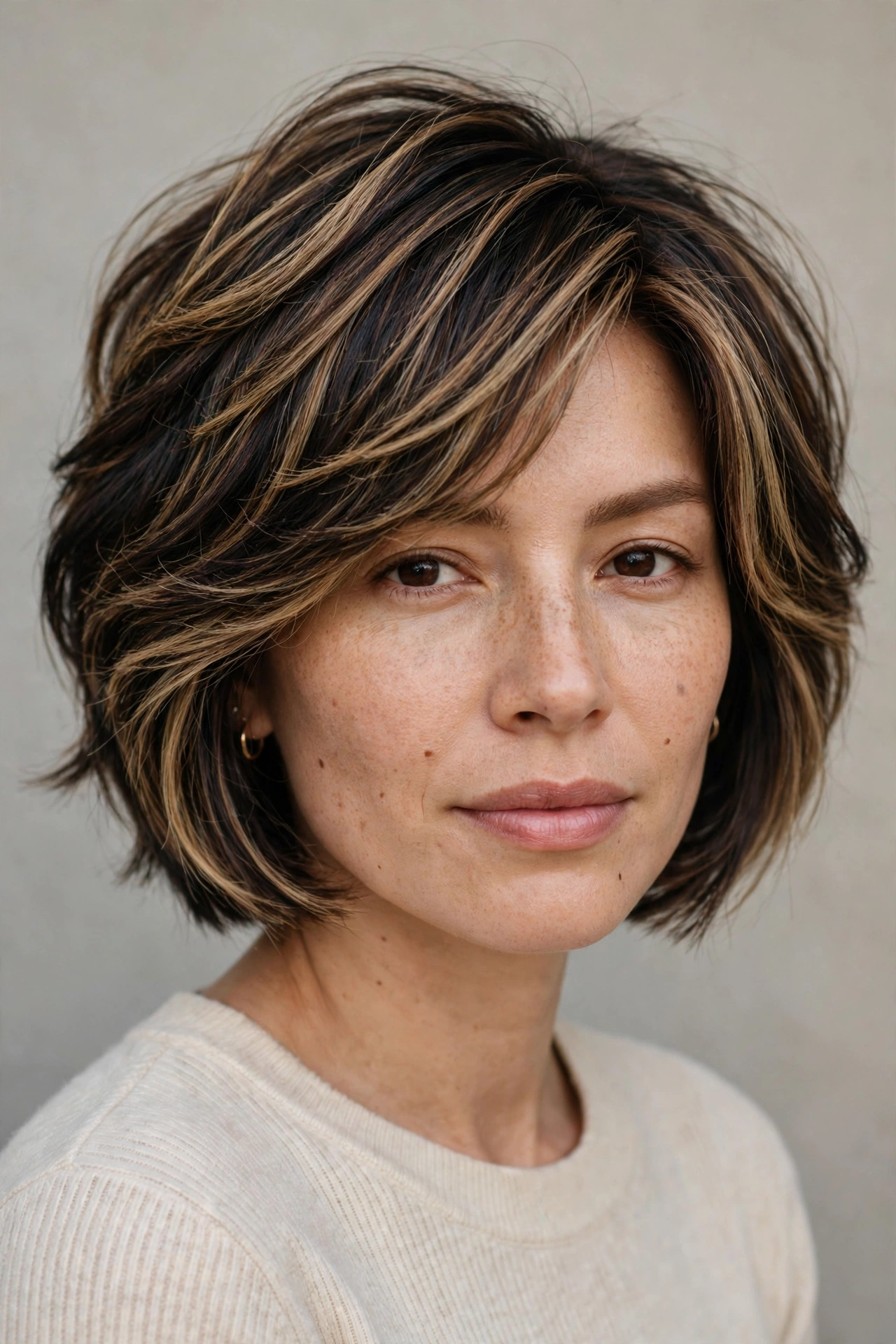 A woman with a stacked bob featuring dark lowlights adding depth