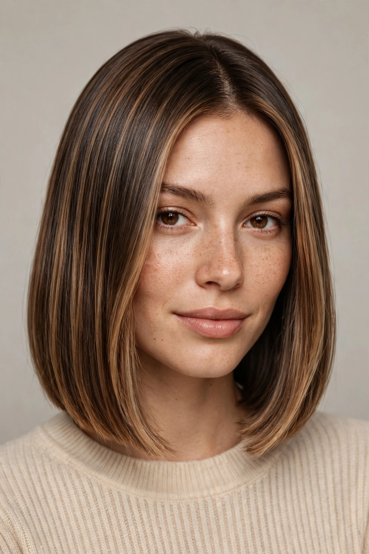 A woman with a straight bob featuring mocha brown melted highlights