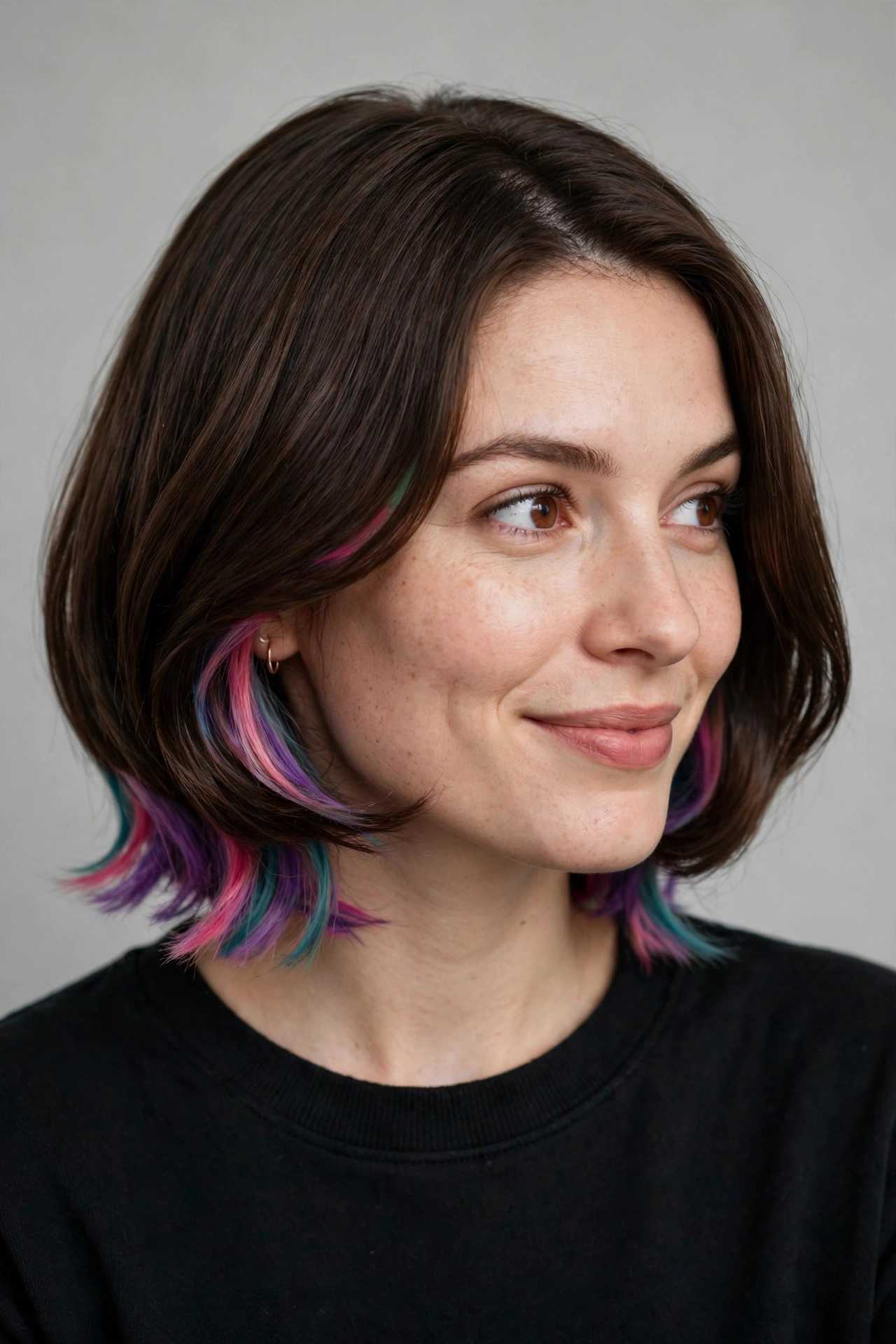 A woman with a bob revealing peekaboo colored highlights underneath, playful