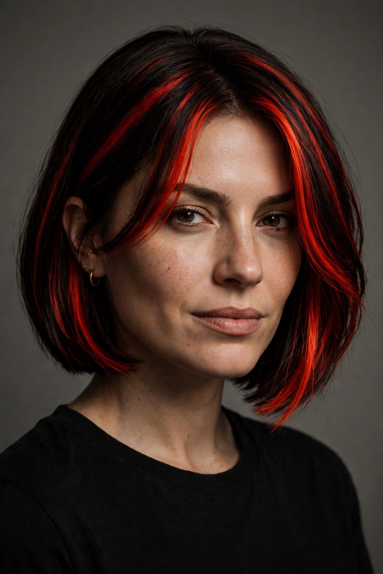 A woman with a bob featuring bold red highlights on dark hair