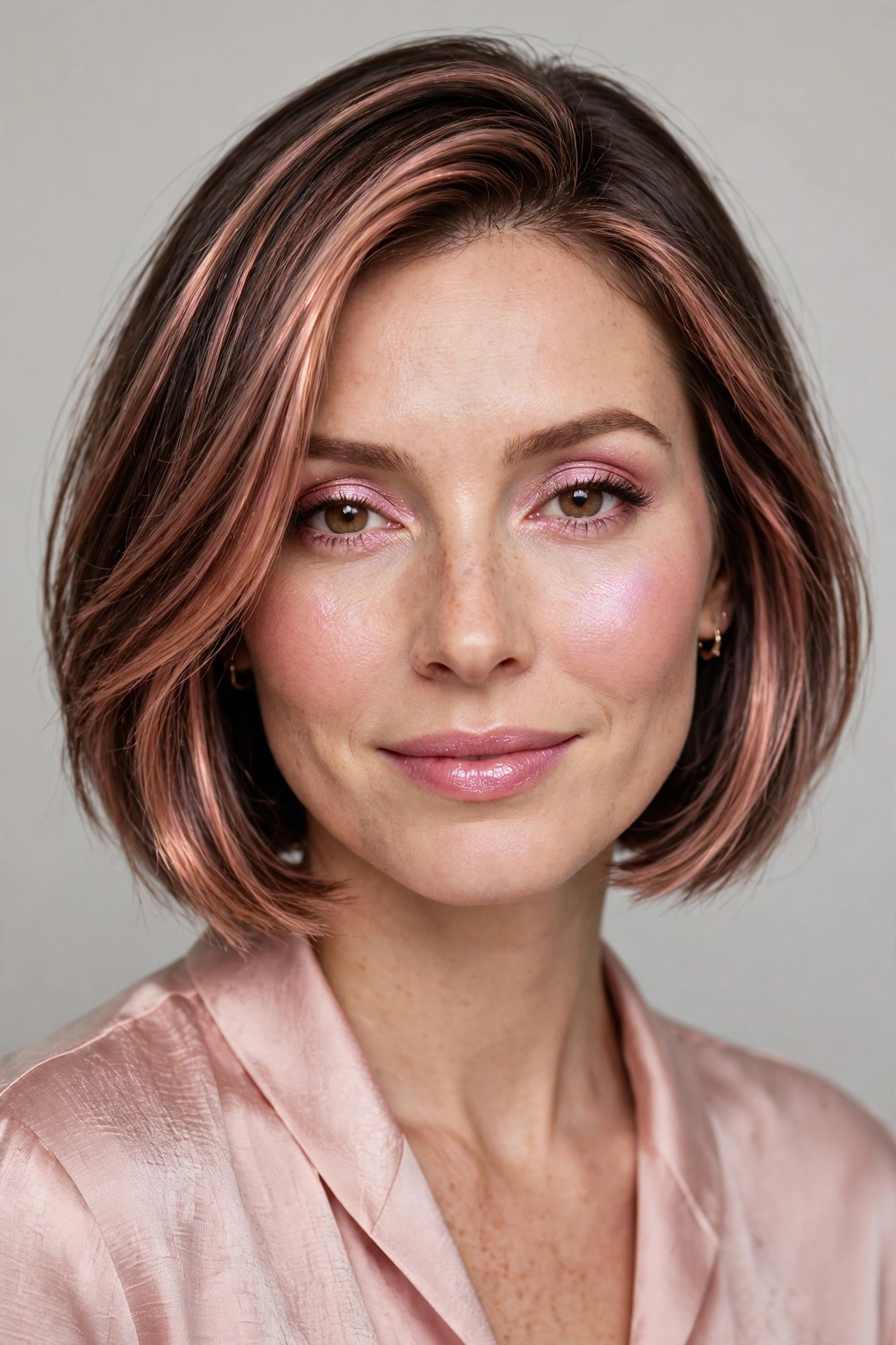A woman with a bob featuring rose gold tinted highlights, pink shimmer
