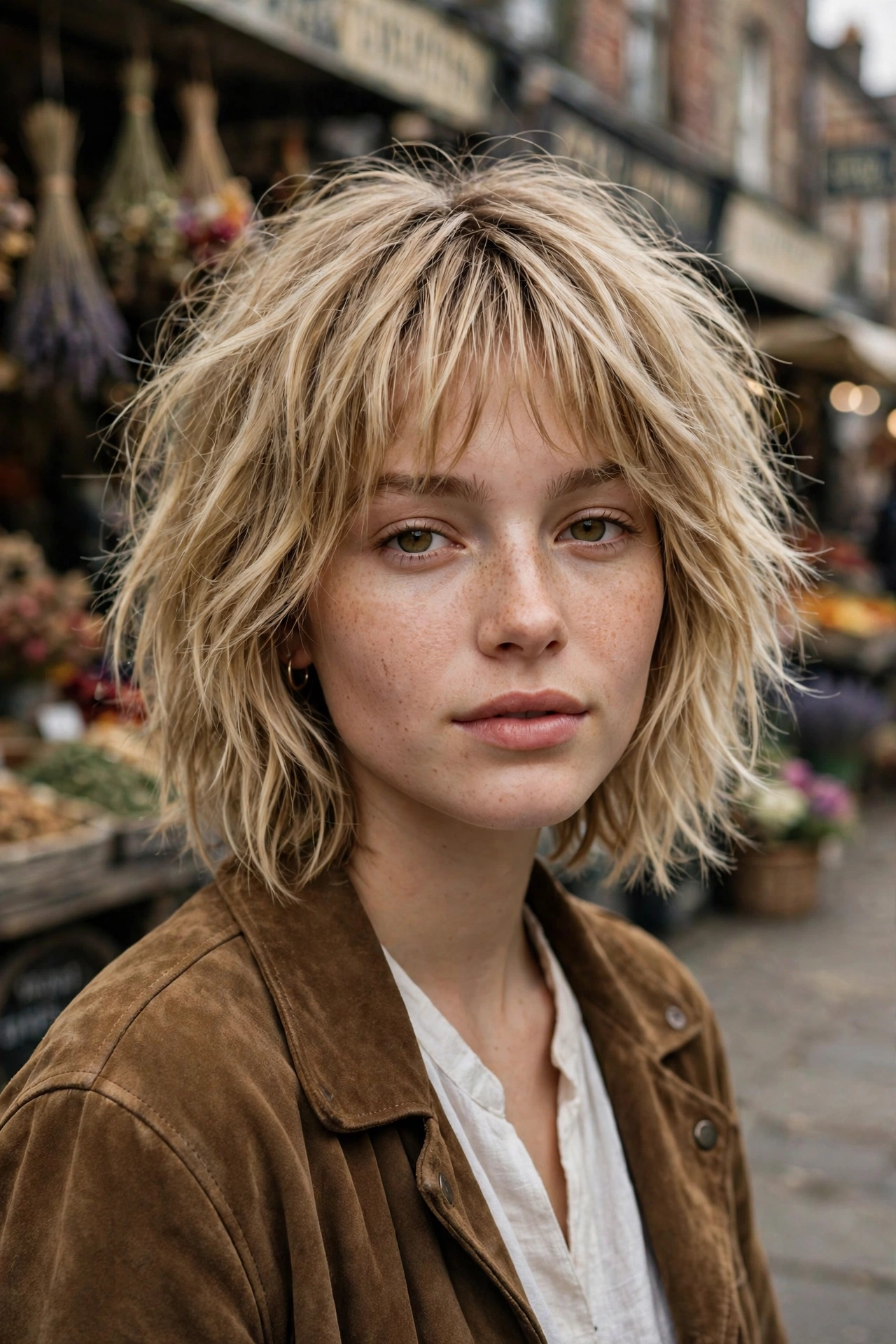 Shaggy boho bob with choppy layers and wispy bangs