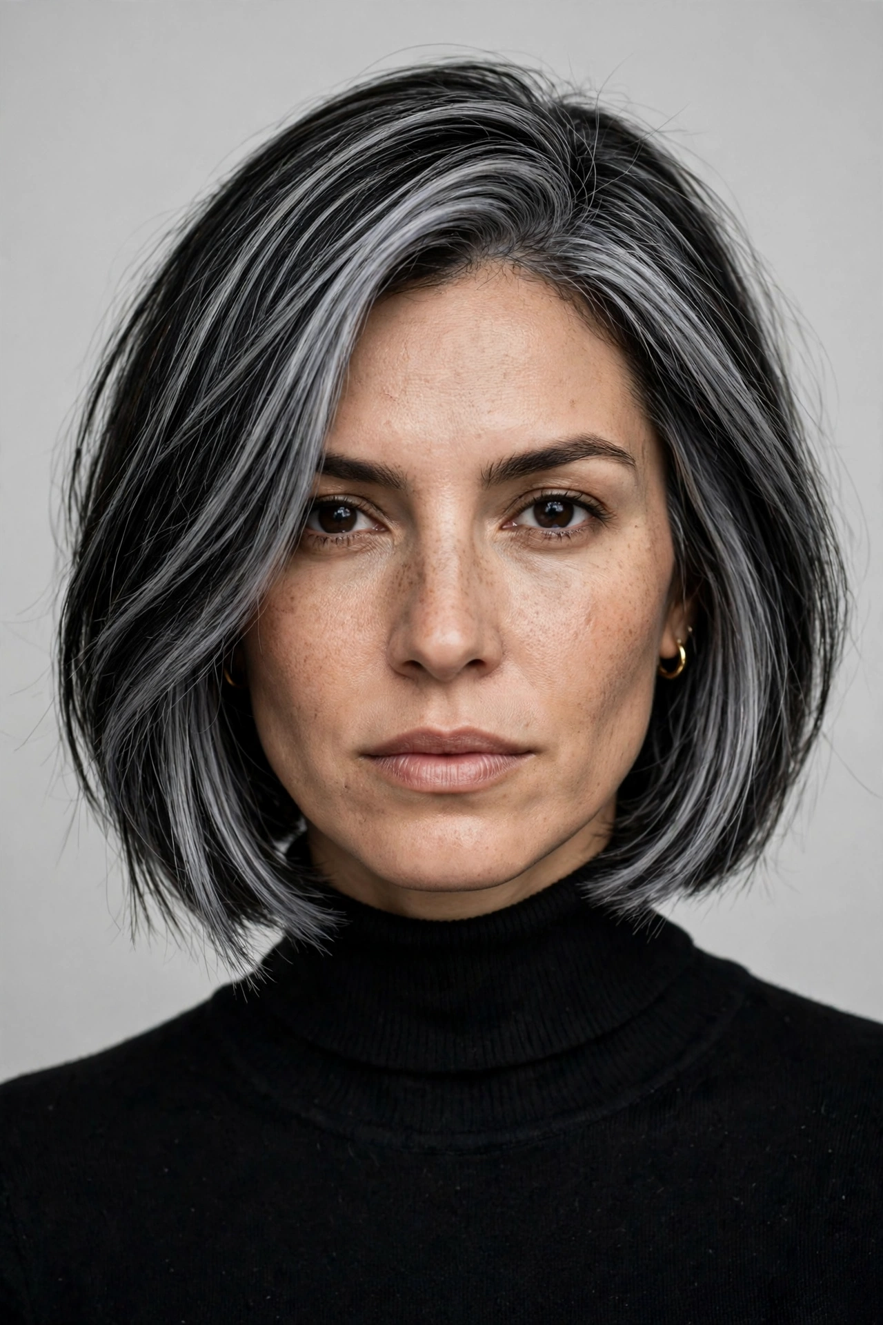 A woman with a bob featuring silver gray streaked highlights