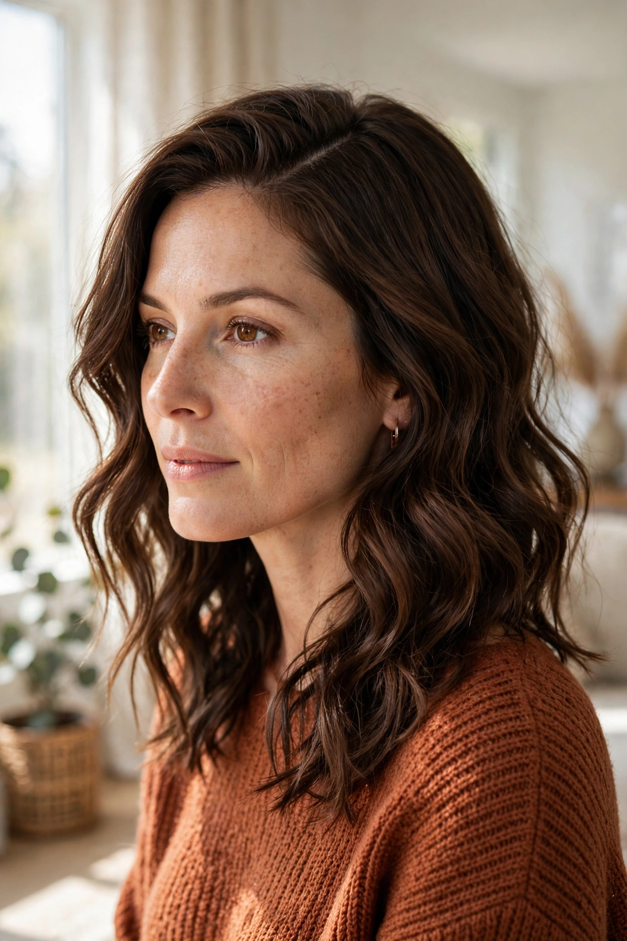 Longer wavy boho bob at collarbone length with soft S waves