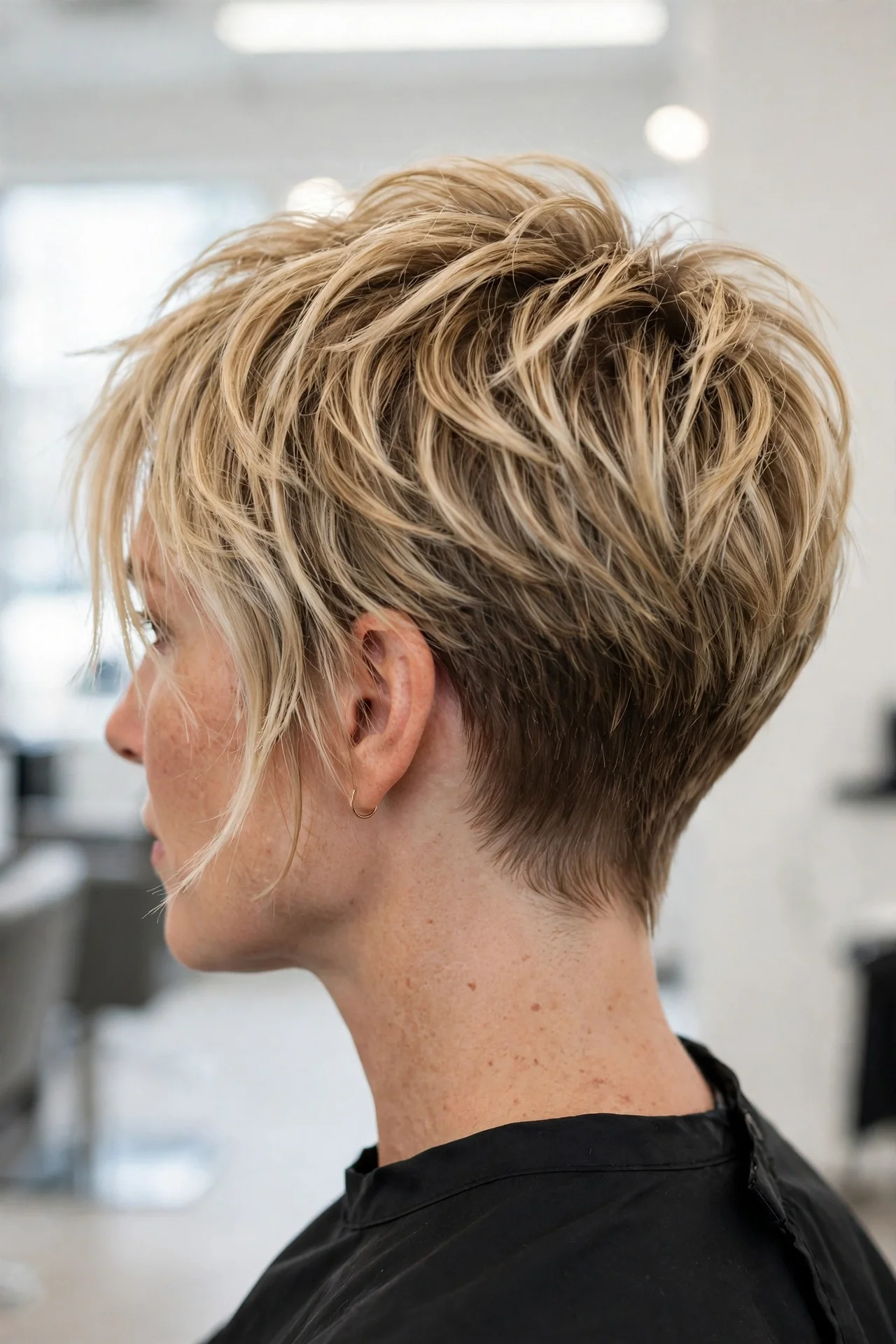 Diagram-style photo showing the bixie haircut anatomy, tapered nape and layered crown