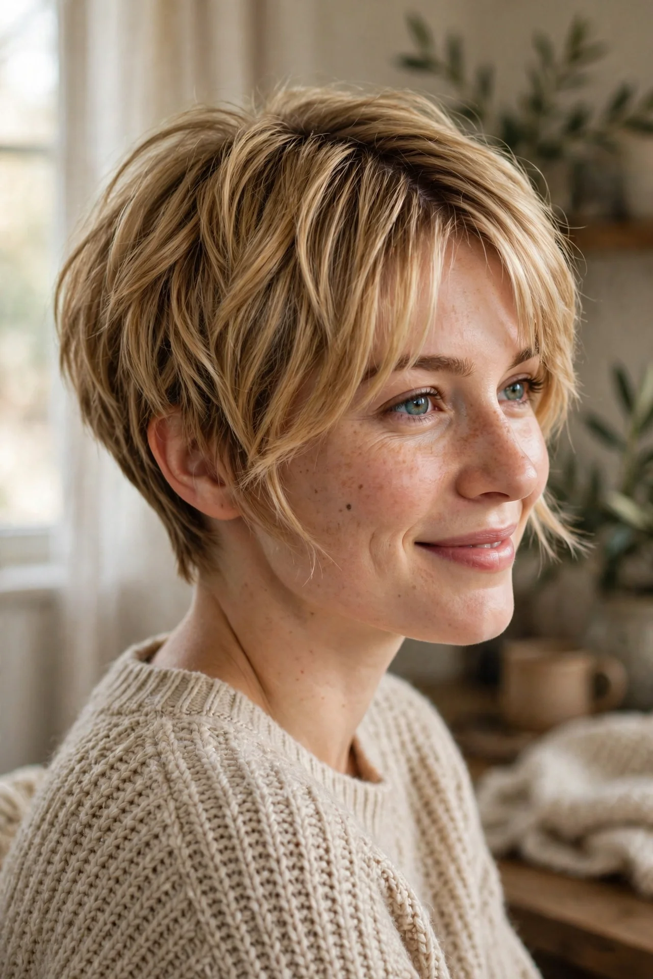 Bixie haircut with soft curtain bangs parted in the middle