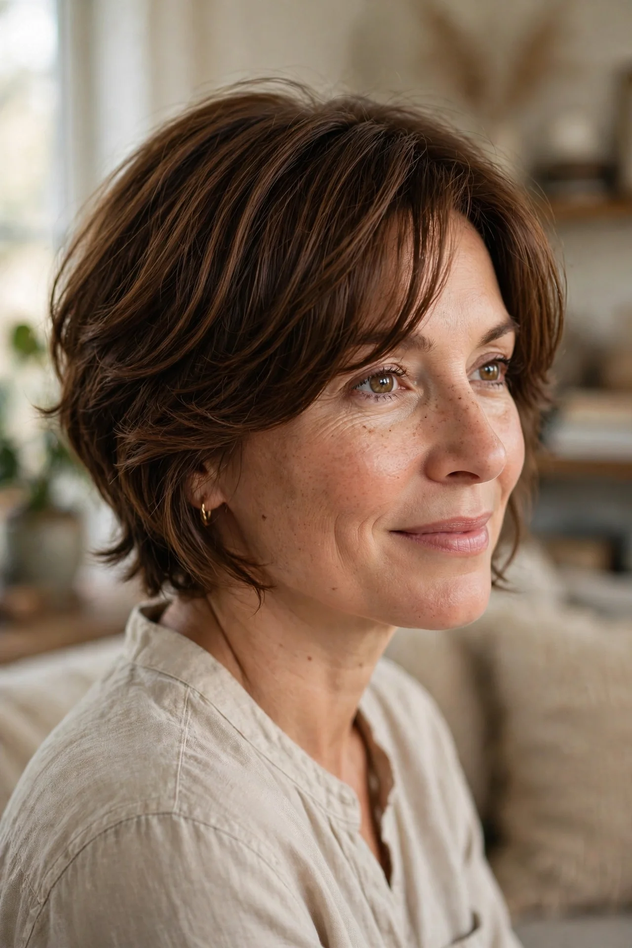 Bixie cut paired with face-framing curtain bangs on a woman in her 40s