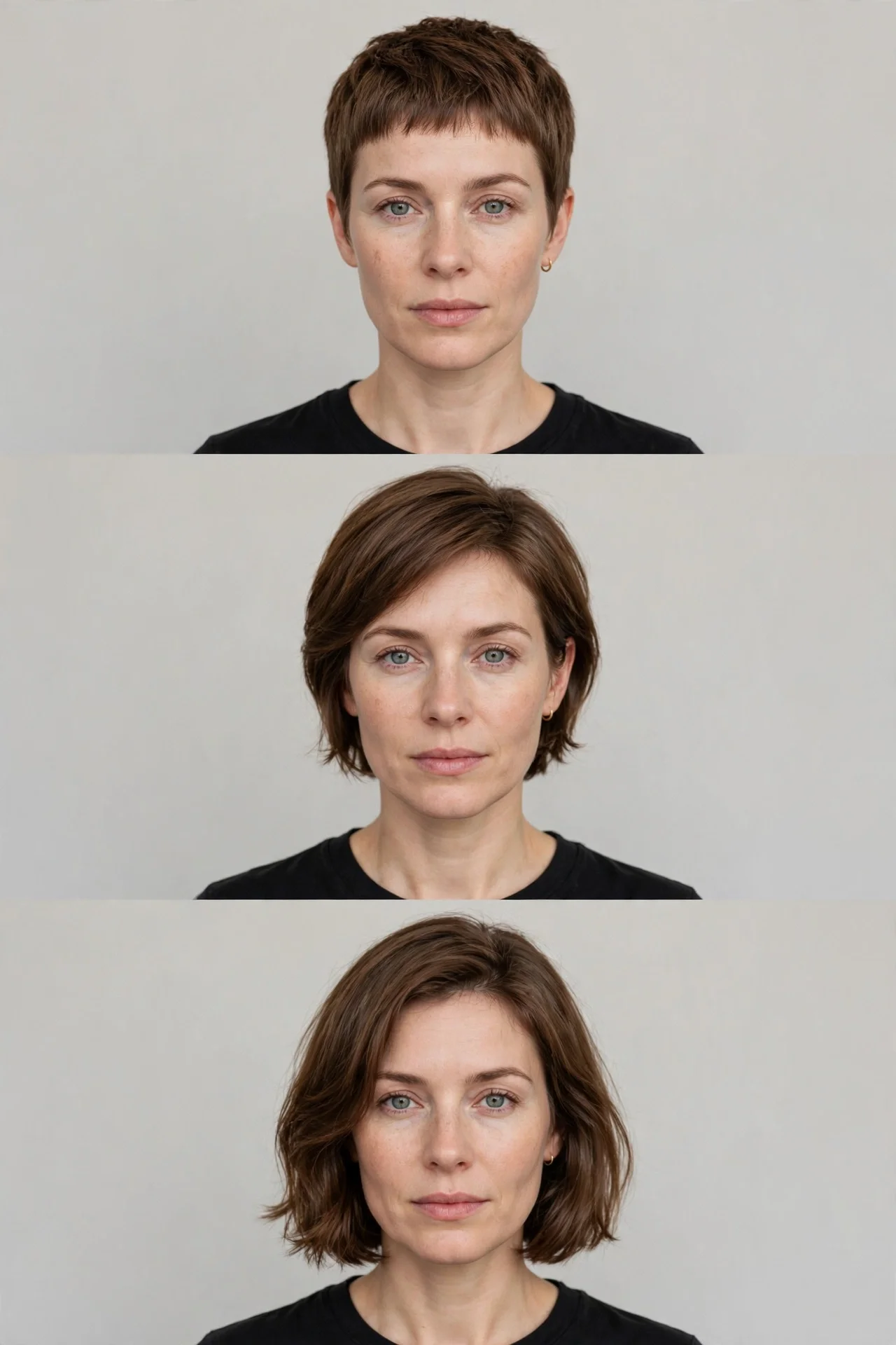Month-by-month grow-out timeline illustration for a bixie haircut