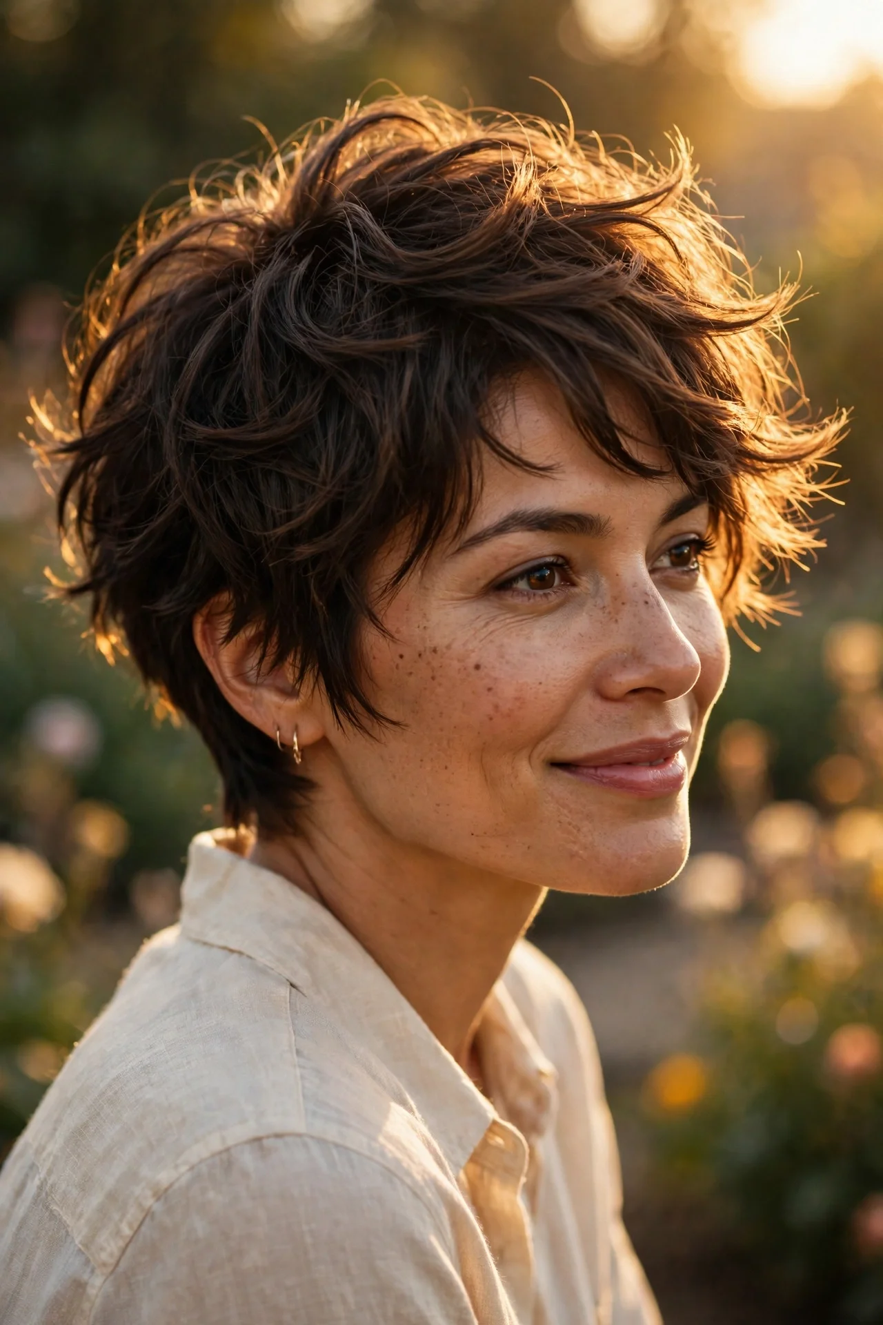 Stunning bixie haircut on a smiling woman with tousled feathered layers in soft golden light