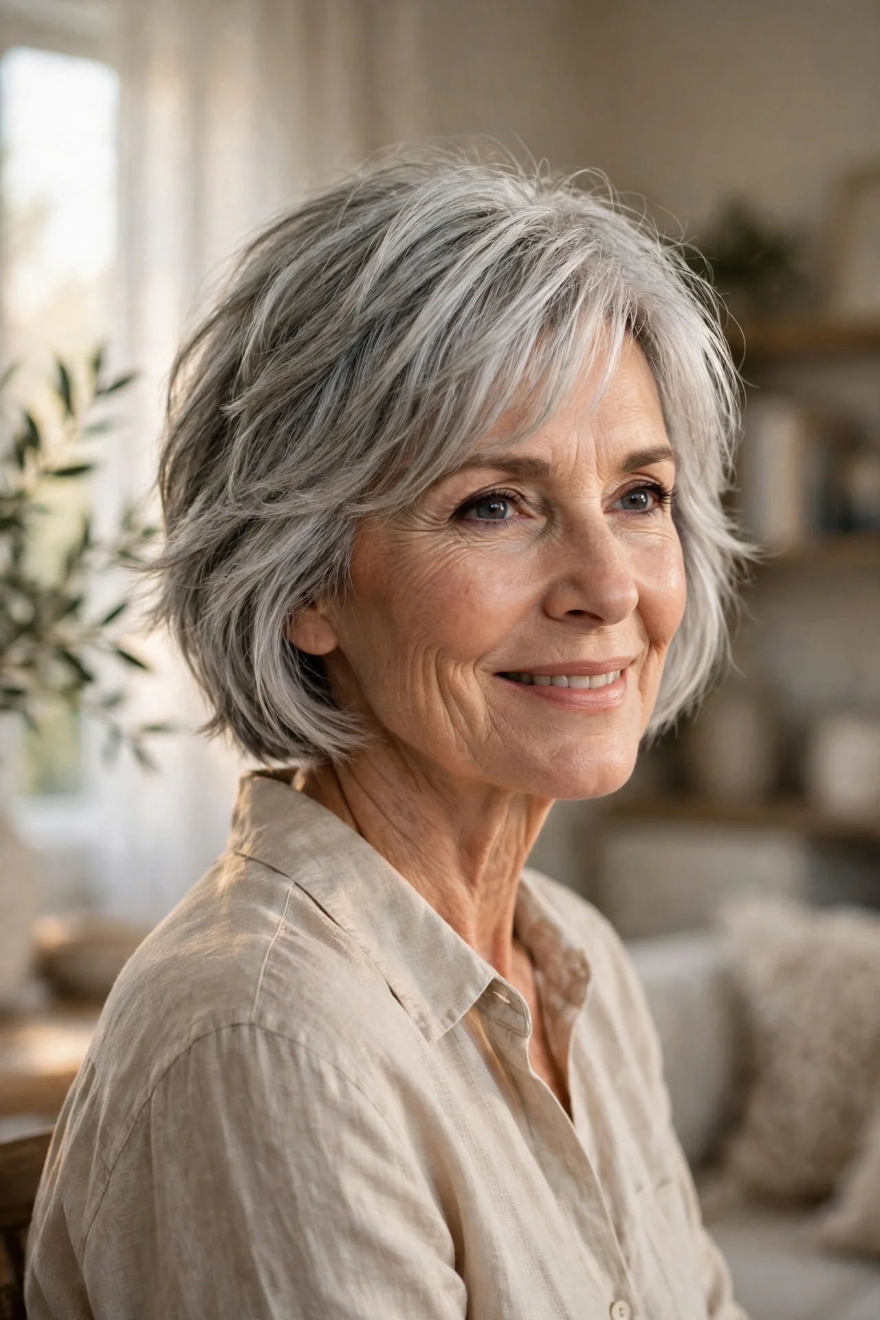 Smiling woman in her 60s with a silver bixie haircut over 50