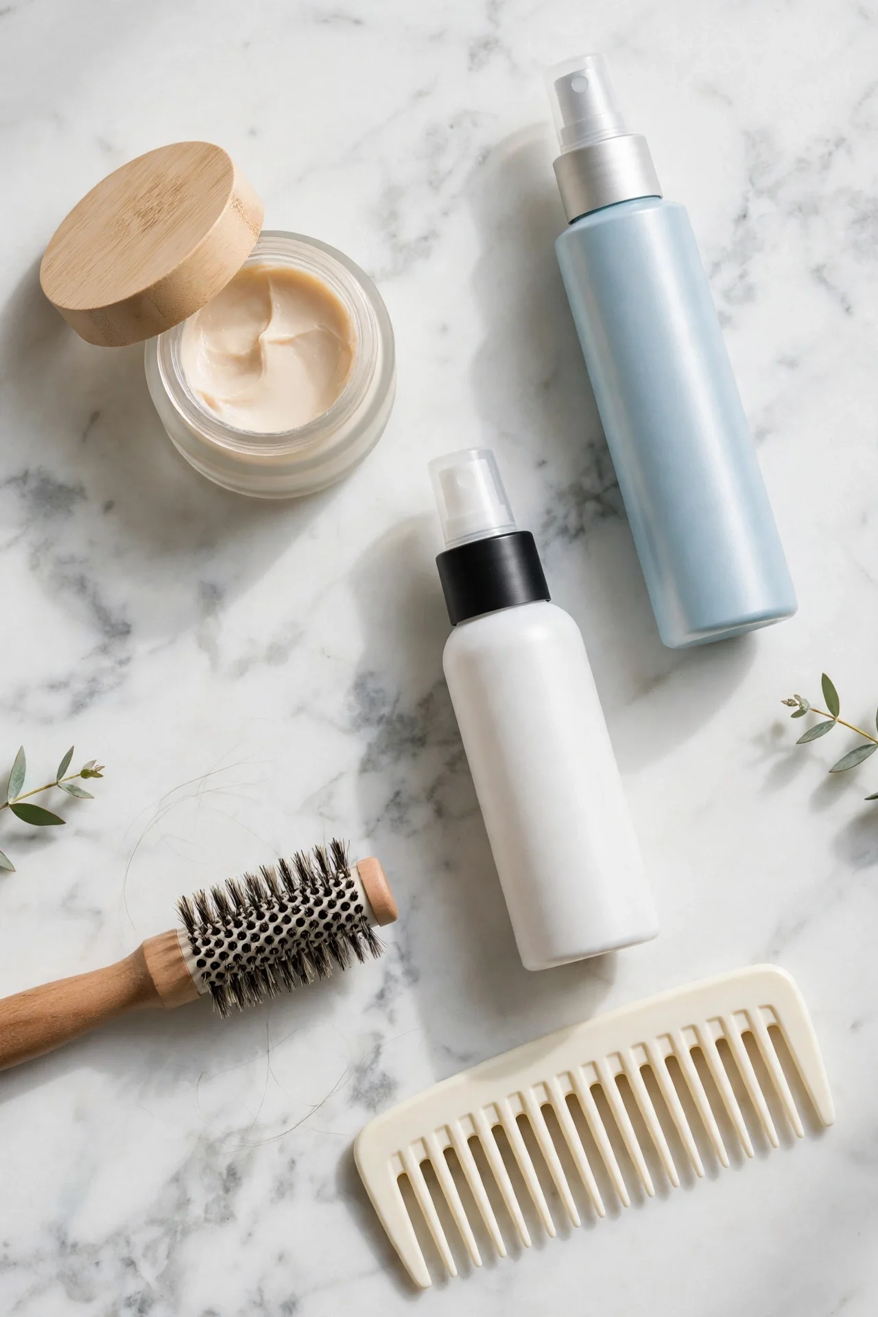 Styling products and tools arranged for a bixie haircut maintenance routine