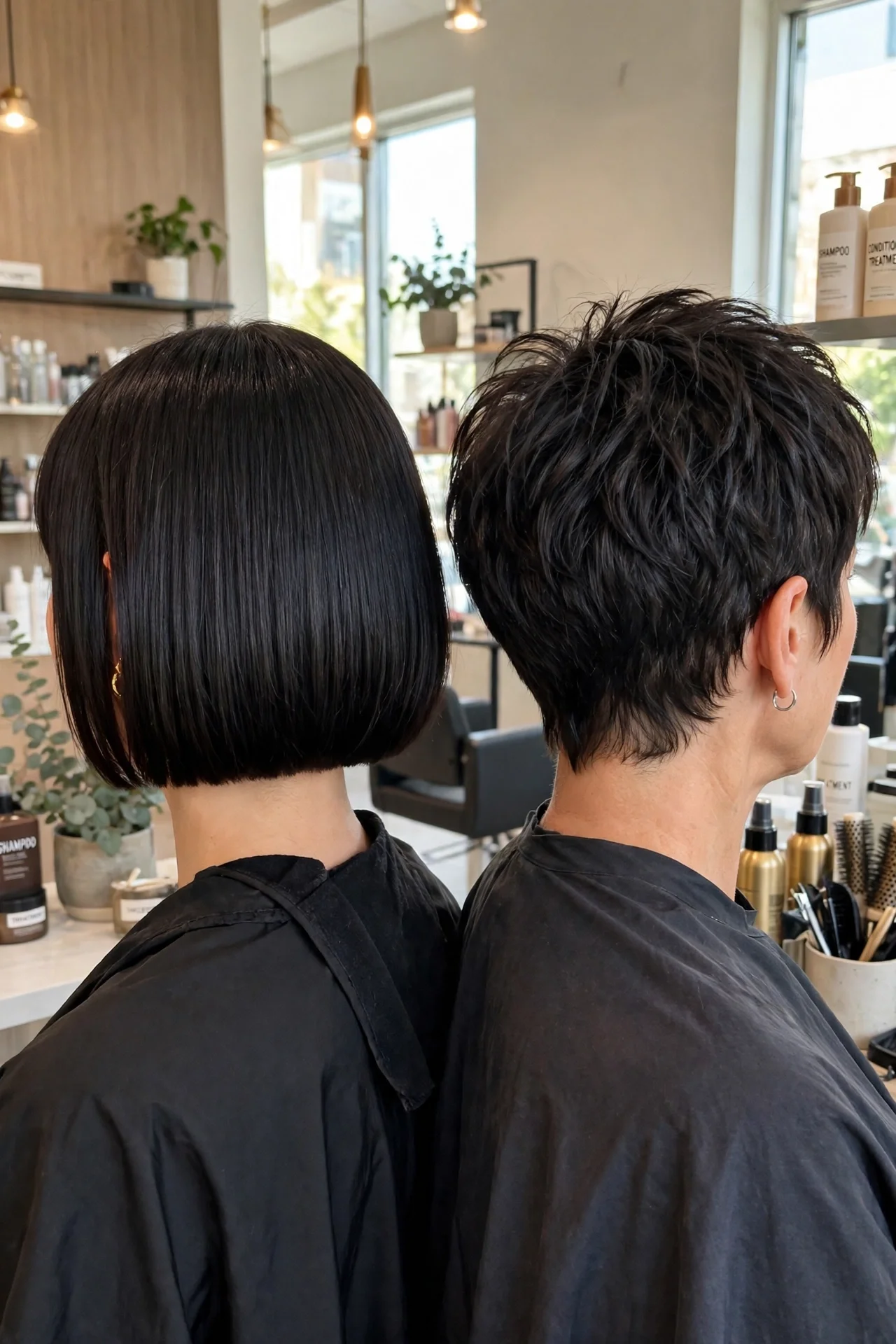 Comparison showing bixie haircut versus classic bob length and layering