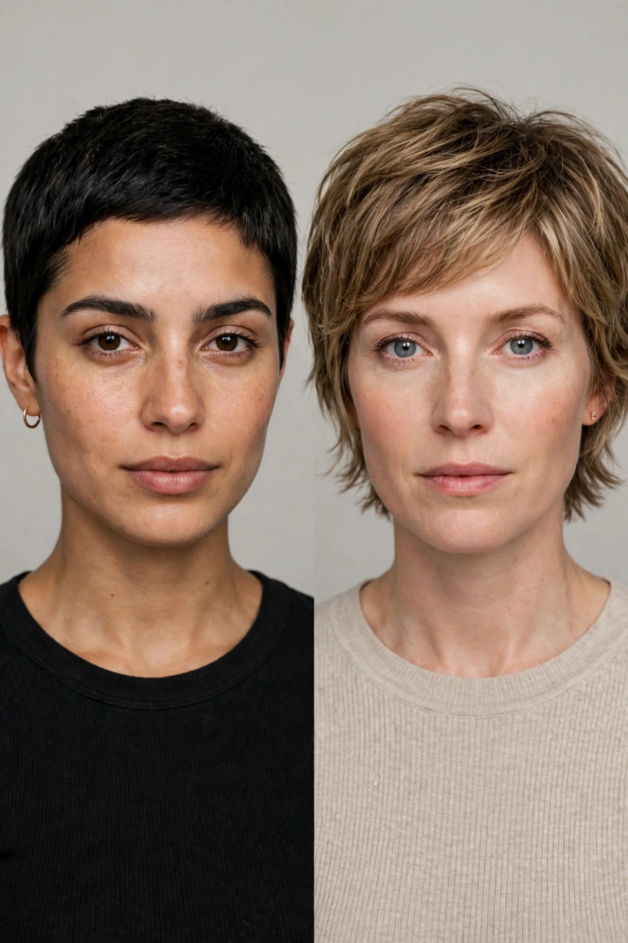 Side-by-side comparison of a bixie haircut and a pixie cut