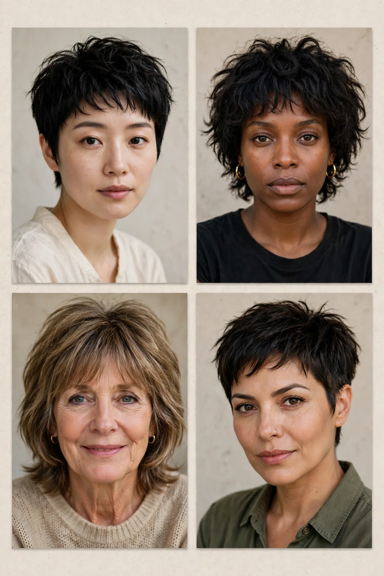 Four-way visual comparison of bixie, wolf cut, shag and mixie haircuts