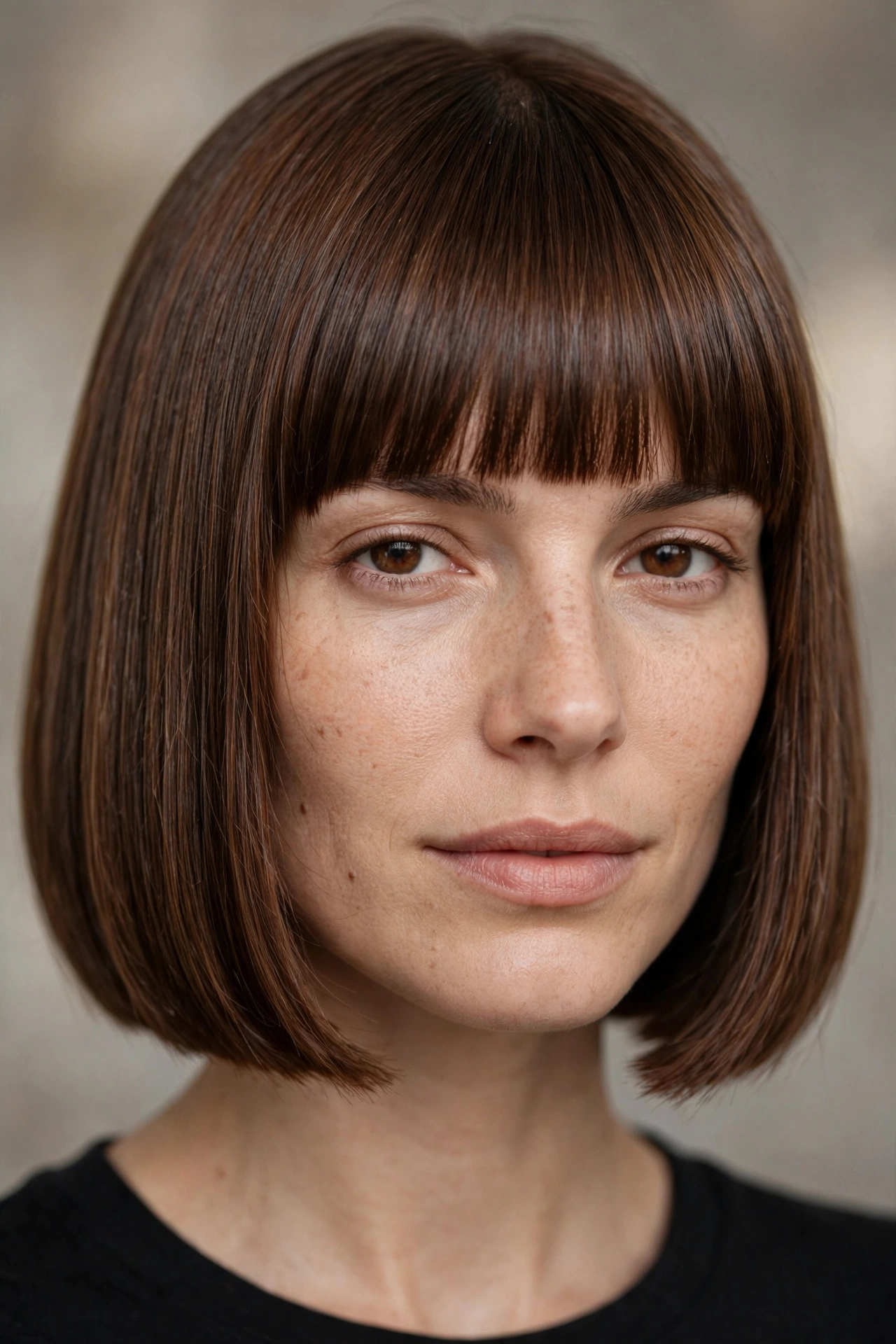 Blunt bob paired with straight blunt bangs