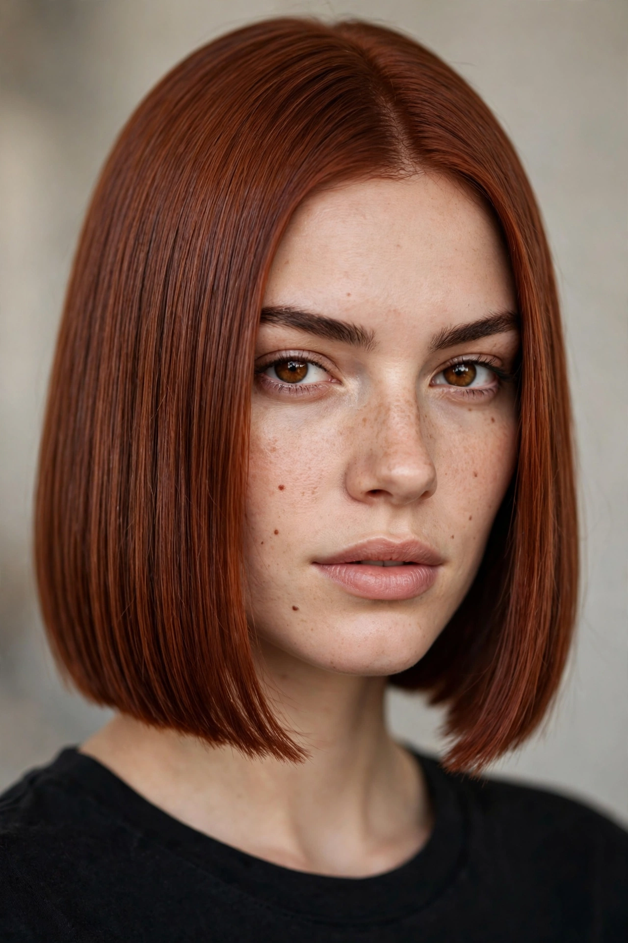 Chin length blunt bob with a precise hemline