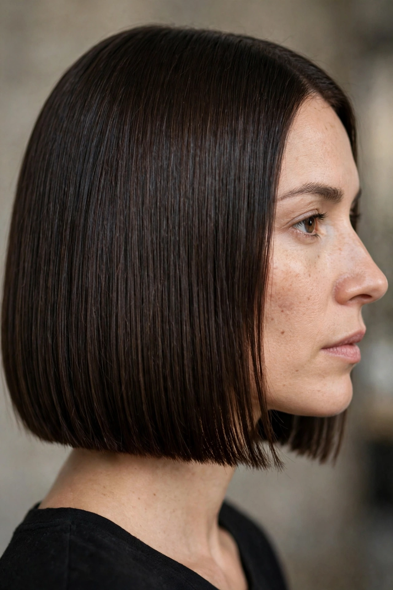 Classic blunt bob cut to one length, dark brown