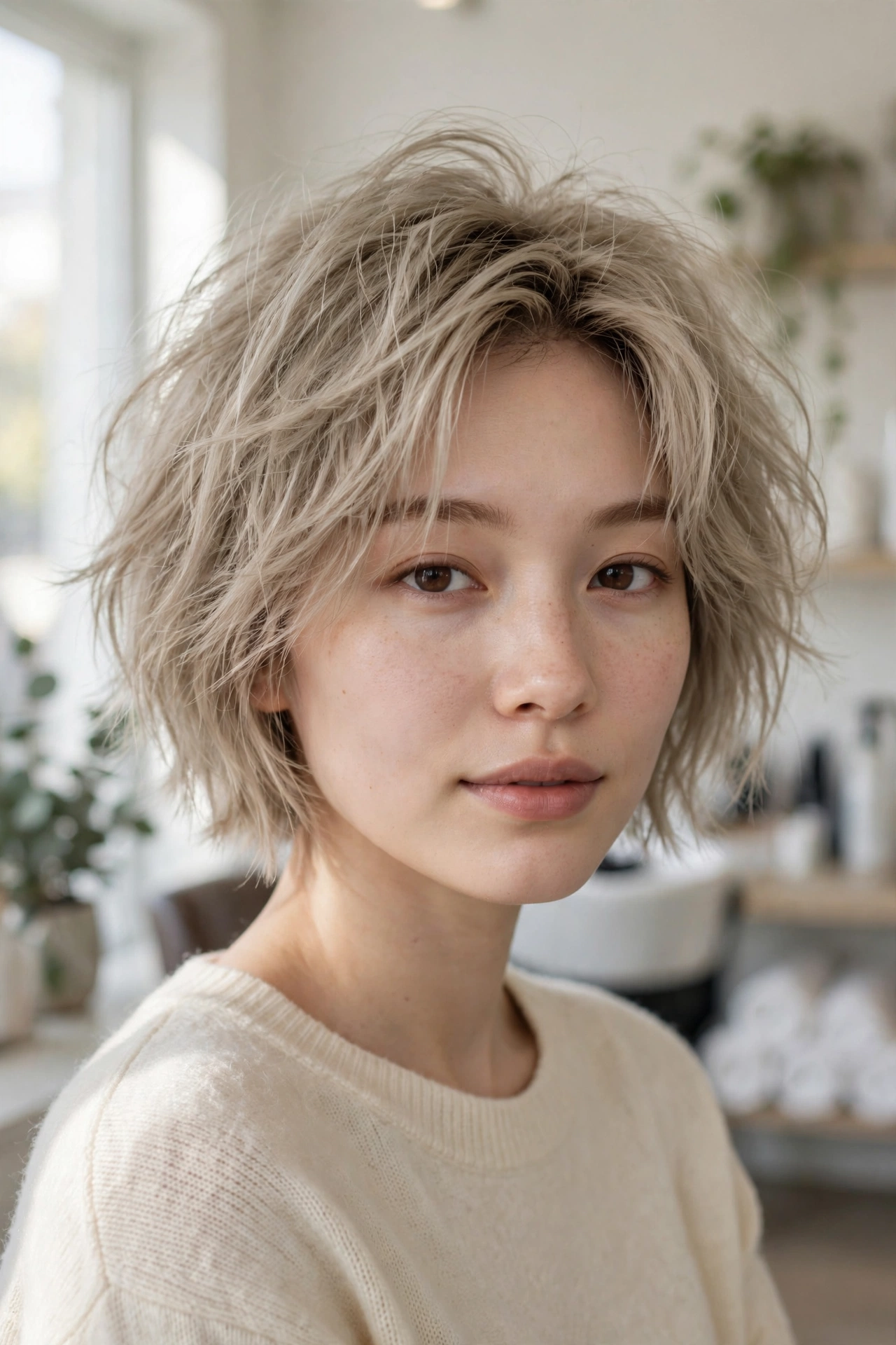 Ash blonde textured choppy bob on an East Asian woman