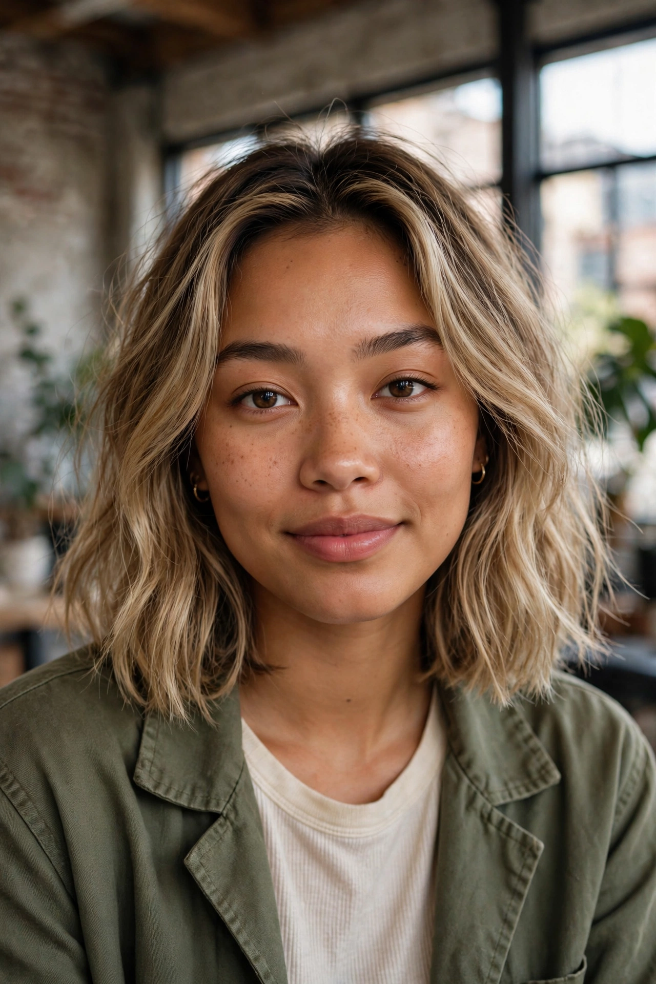 Bronde lived-in long bob with natural waves on a mixed-race woman