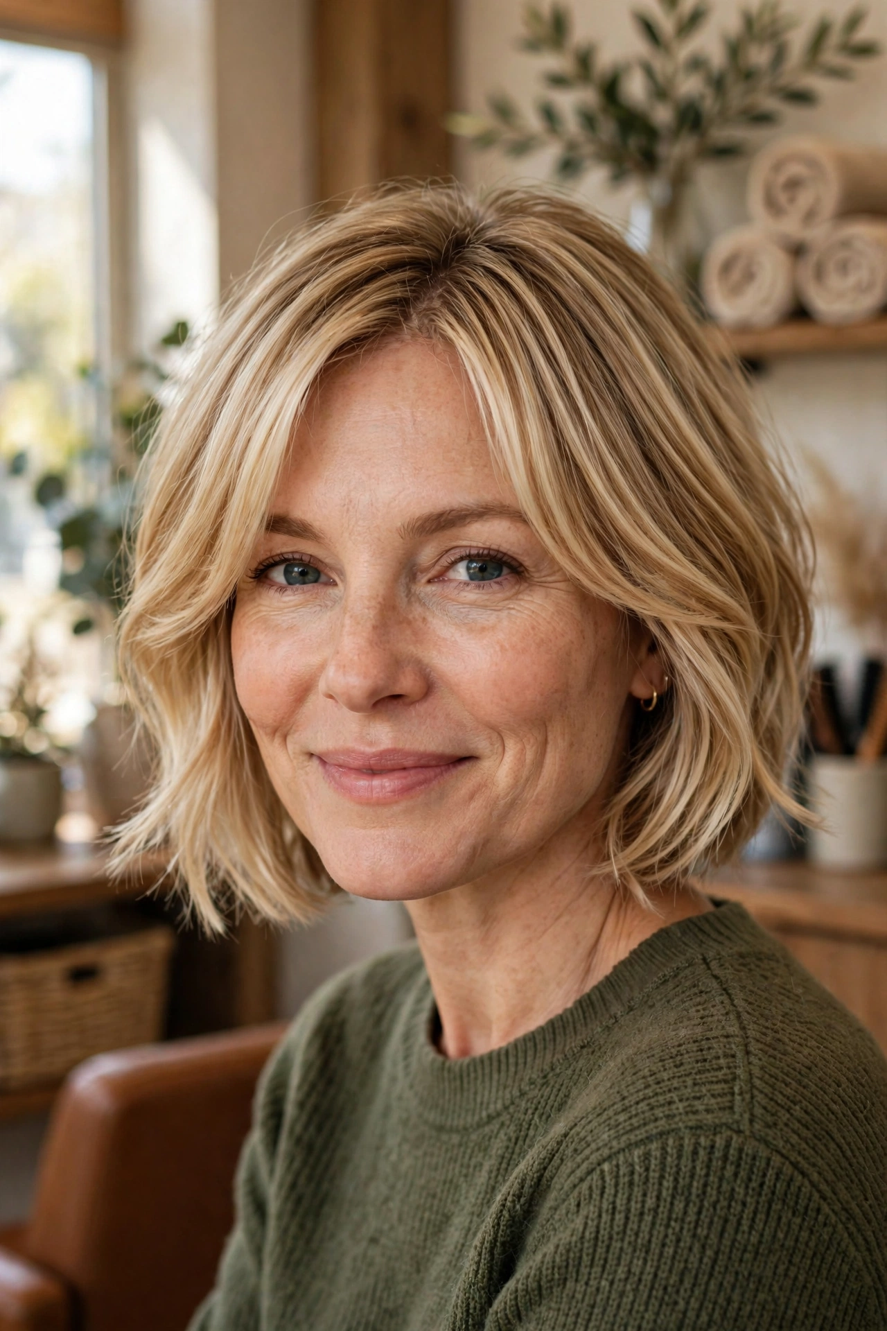 Buttery blonde bob with curtain bangs on a woman in her 40s